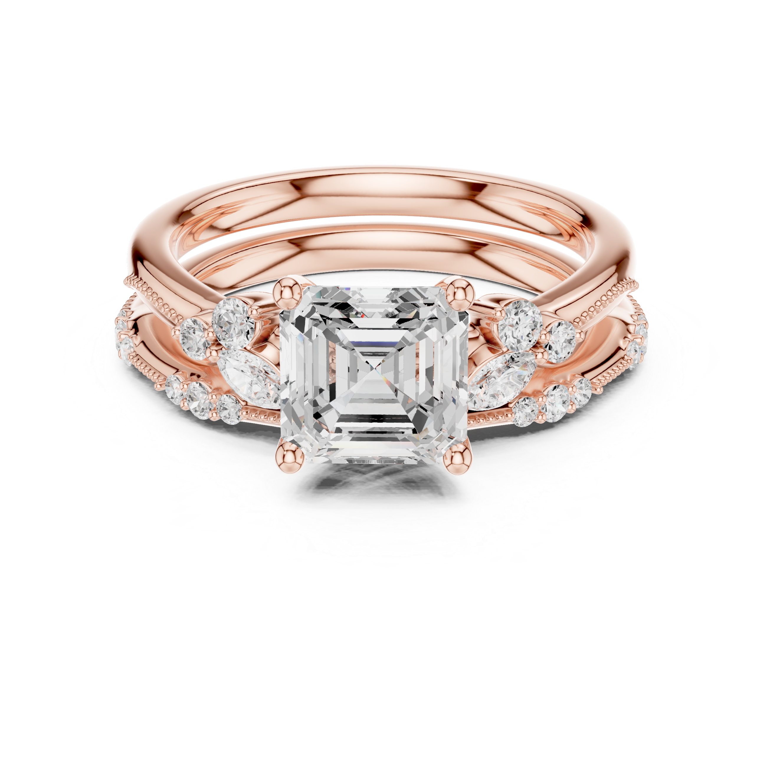 Vintage Inspired Asscher Cut Bridal Ring Set with Marquise and Pavé Diamond Accents