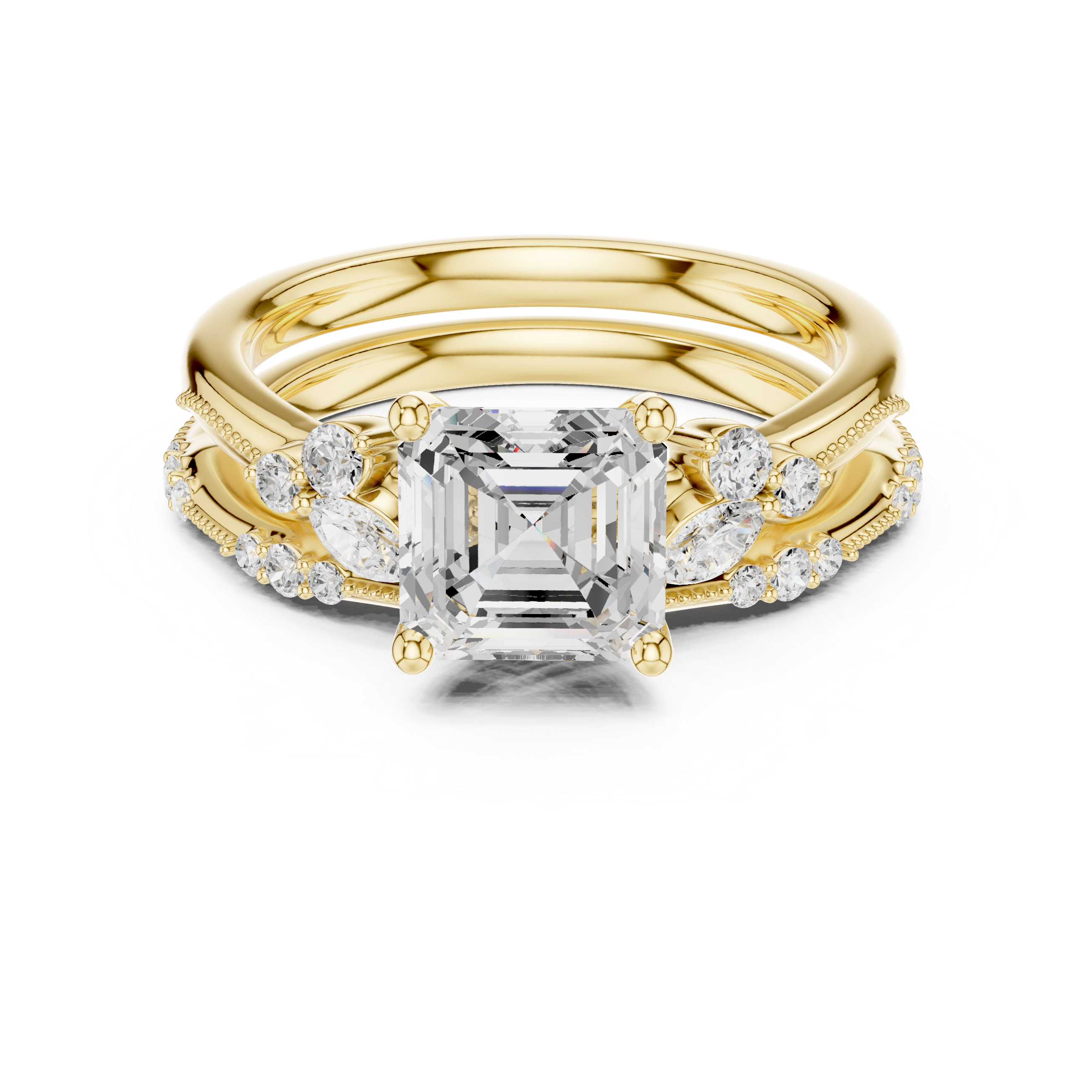 Vintage Inspired Asscher Cut Bridal Ring Set with Marquise and Pavé Diamond Accents