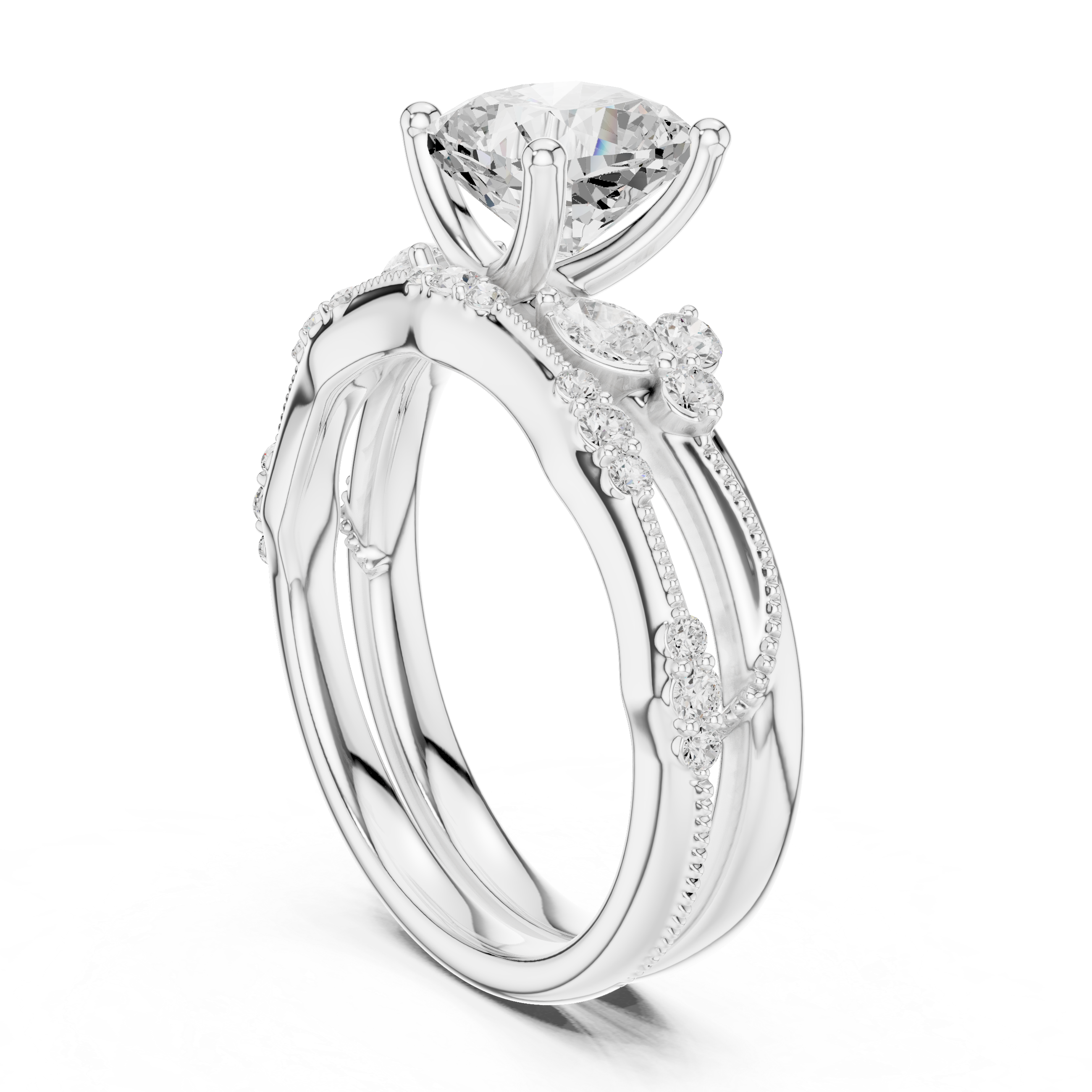 Vintage Inspired Cushion Cut Bridal Ring Set with Marquise and Pavé Diamond Accents