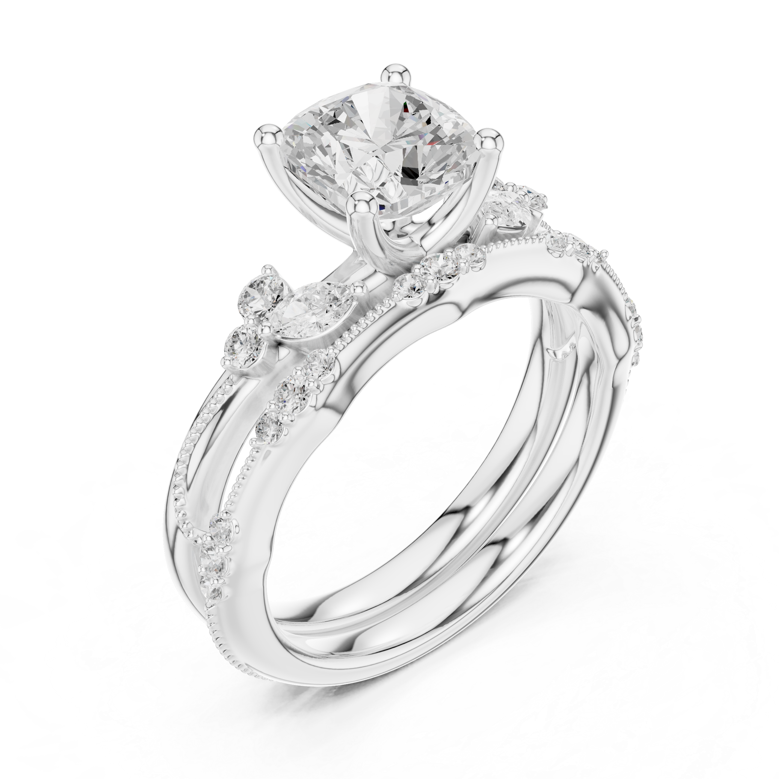 Vintage Inspired Cushion Cut Bridal Ring Set with Marquise and Pavé Diamond Accents