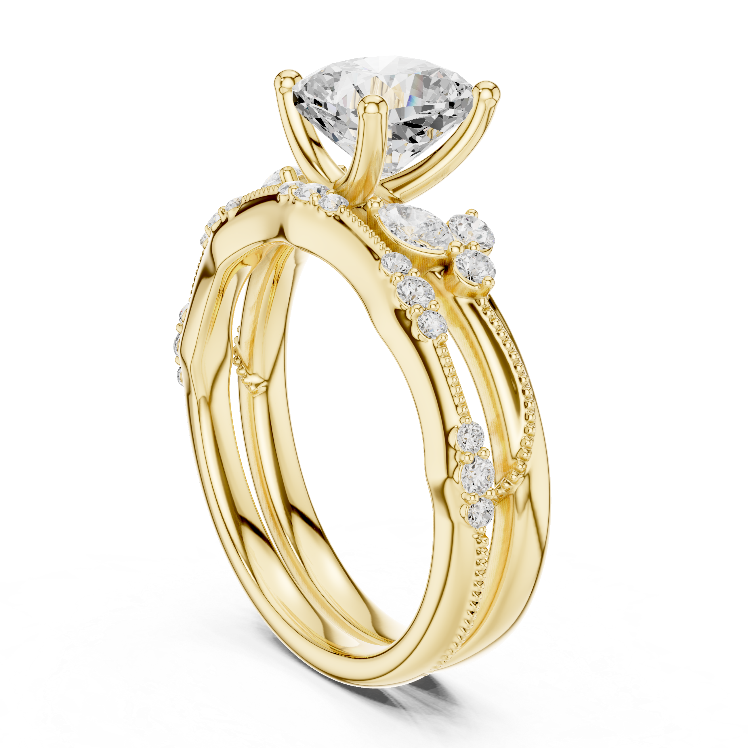 Vintage Inspired Cushion Cut Bridal Ring Set with Marquise and Pavé Diamond Accents