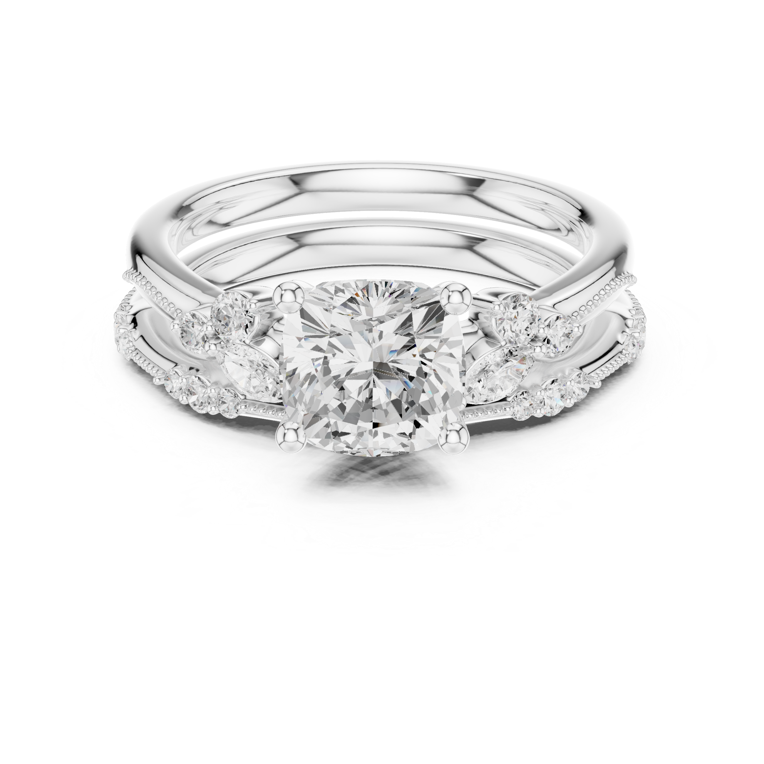 Vintage Inspired Cushion Cut Bridal Ring Set with Marquise and Pavé Diamond Accents