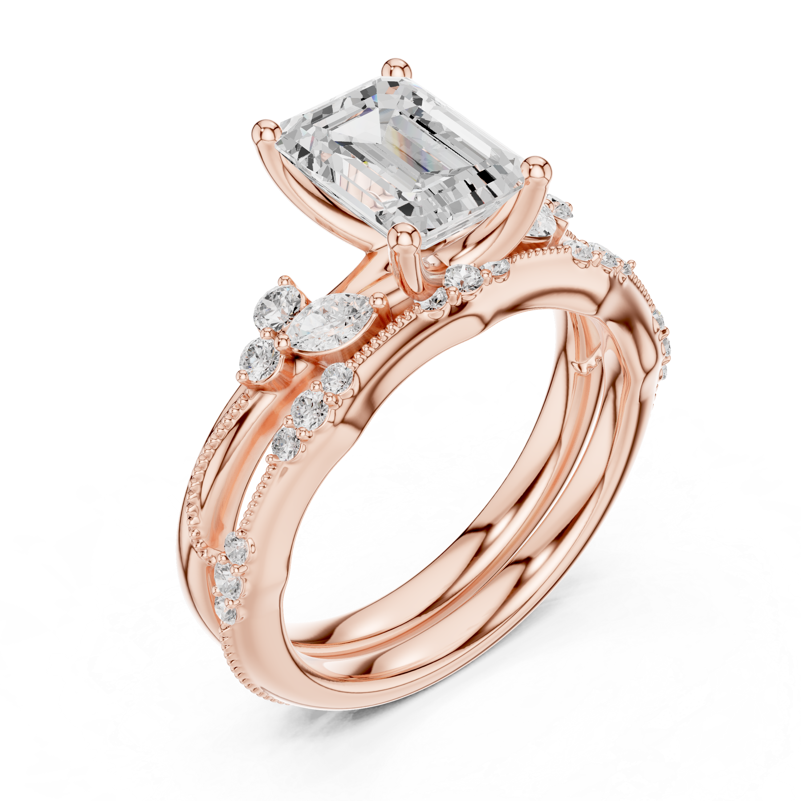 Vintage Emerald Cut Bridal Ring Set with Marquise Diamond Accents and Milgrain Detail