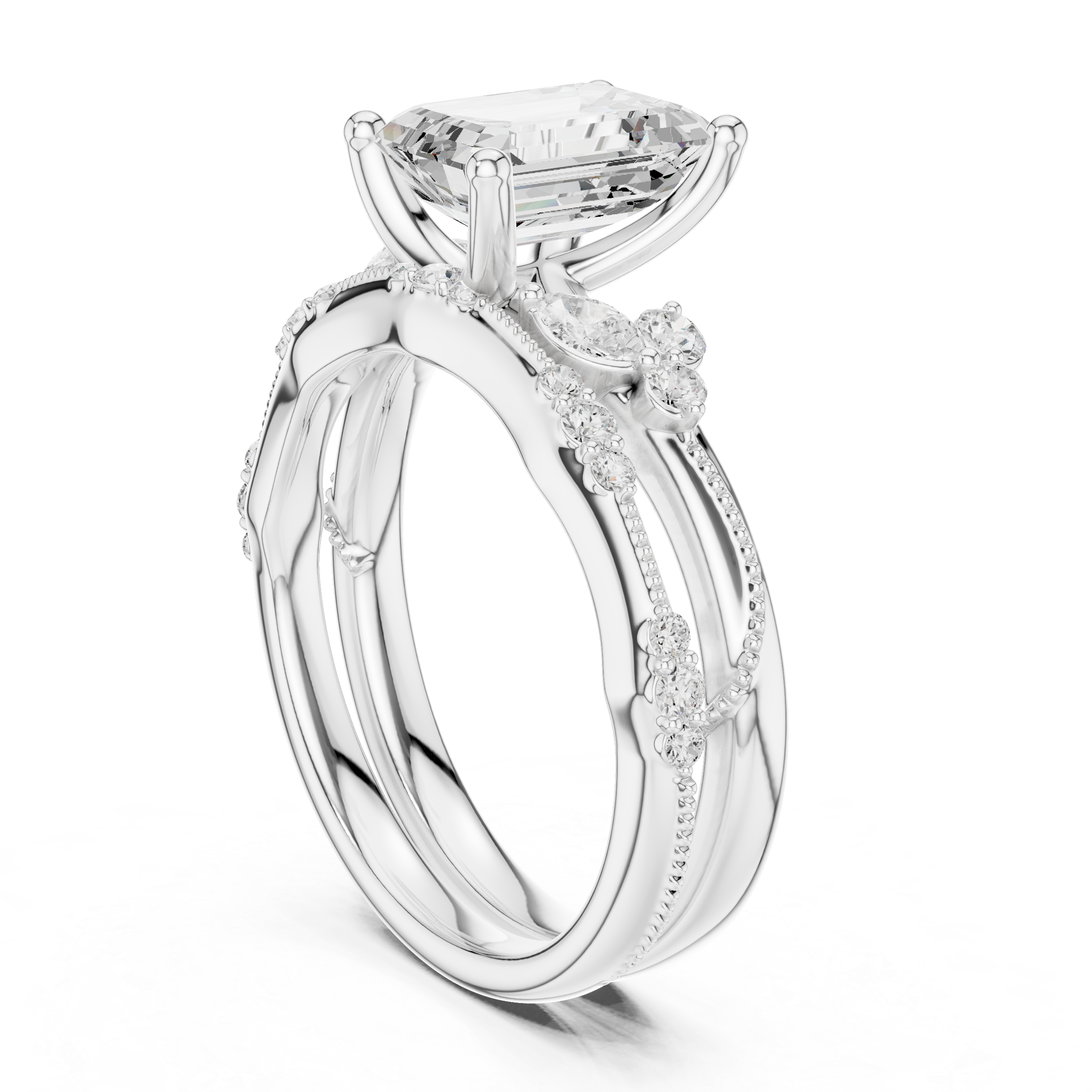Vintage Emerald Cut Bridal Ring Set with Marquise Diamond Accents and Milgrain Detail