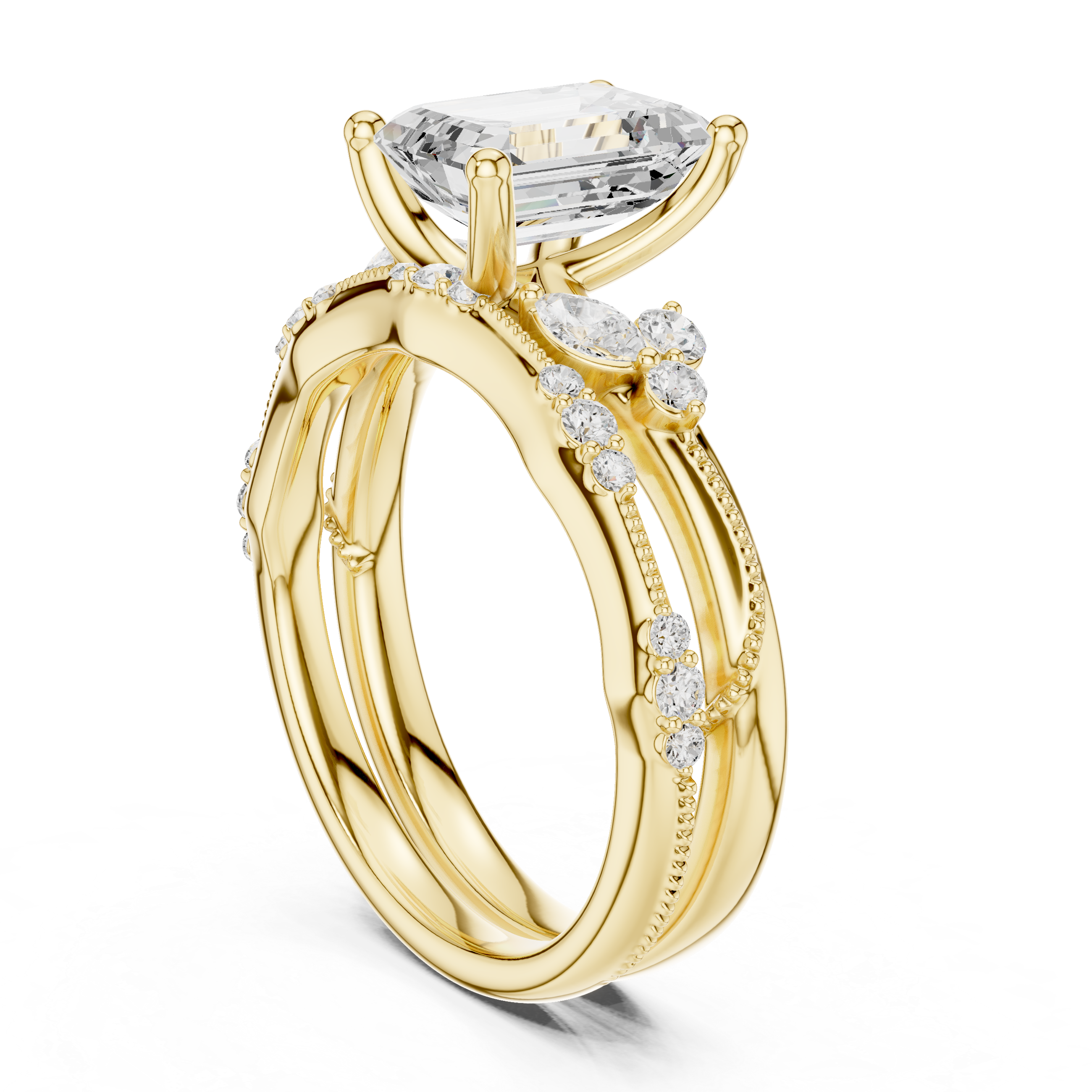 Vintage Emerald Cut Bridal Ring Set with Marquise Diamond Accents and Milgrain Detail