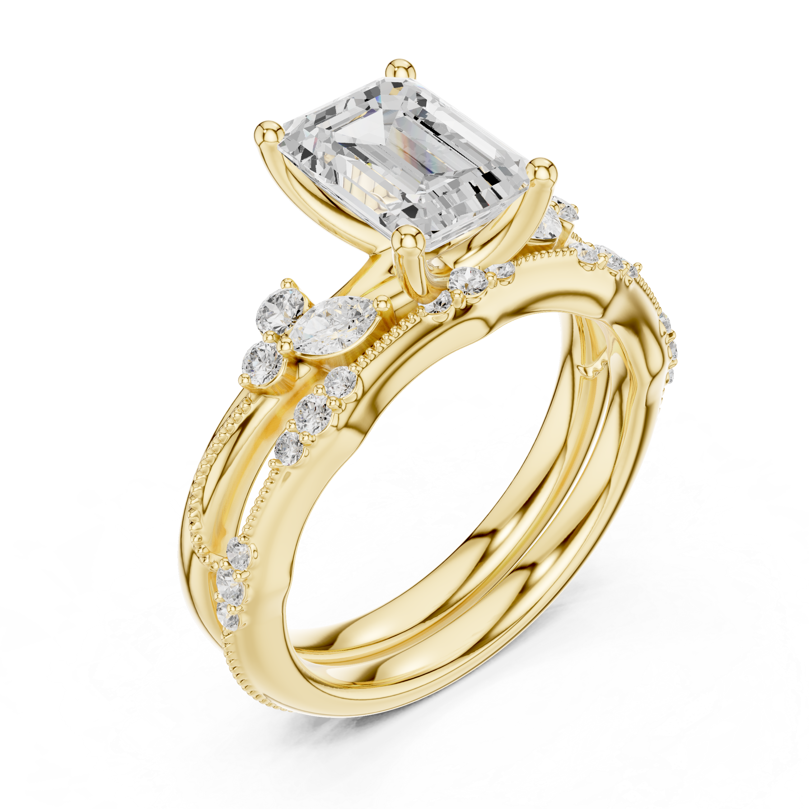 Vintage Emerald Cut Bridal Ring Set with Marquise Diamond Accents and Milgrain Detail