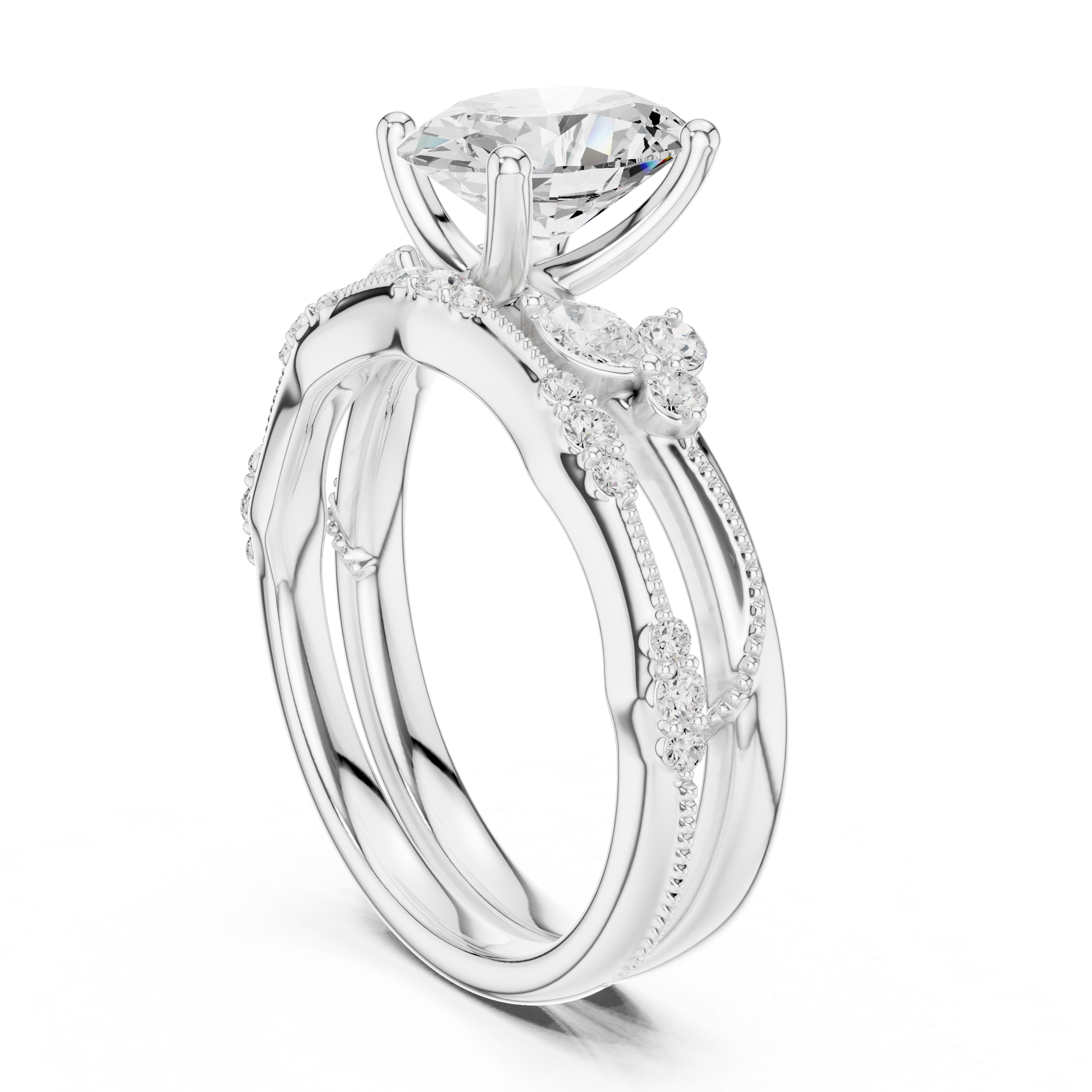 Vintage Oval Cut Bridal Ring Set with Marquise Diamond Accents and Milgrain Detailing