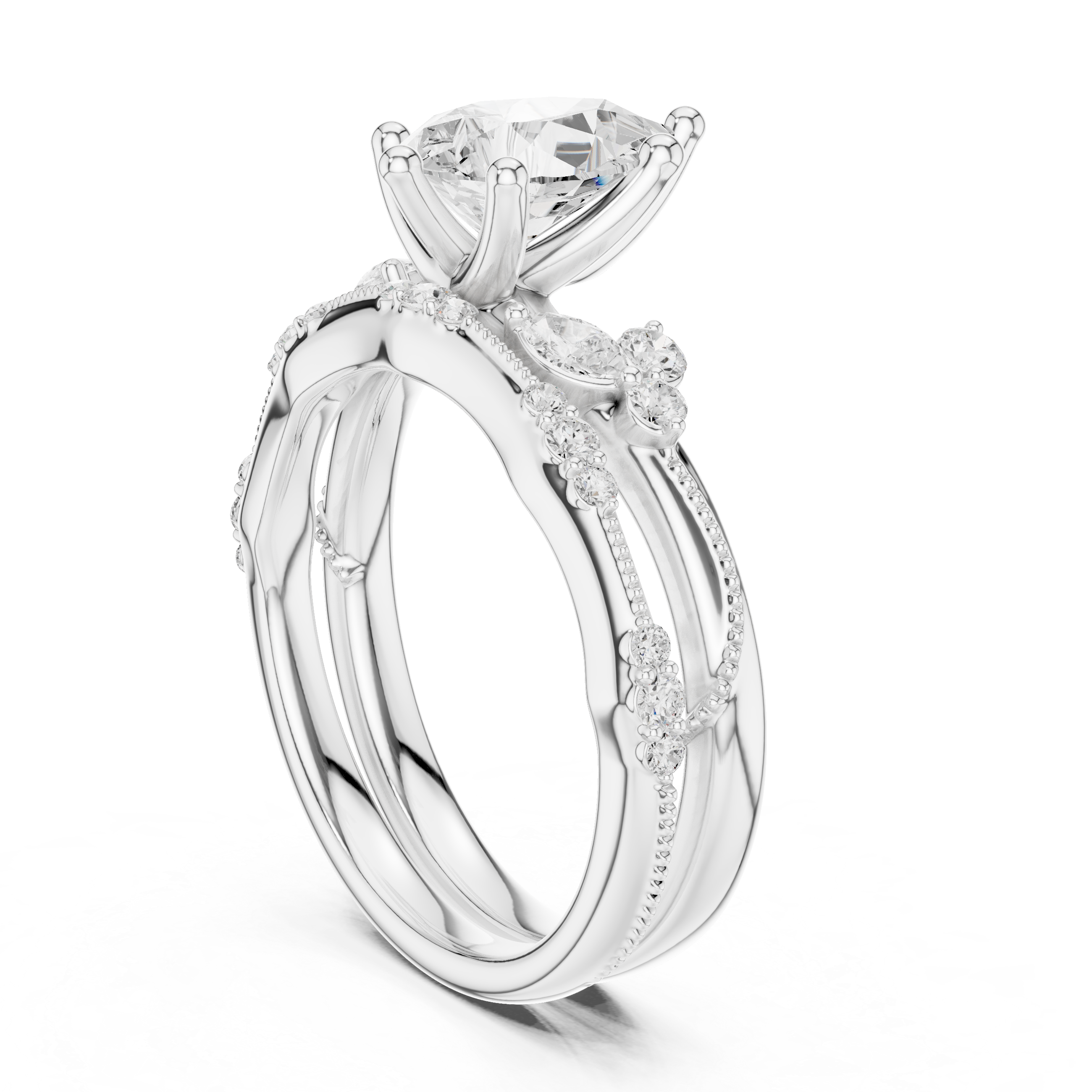 Vintage Pear Cut Bridal Ring Set with Marquise Diamond Accents and Milgrain Detail