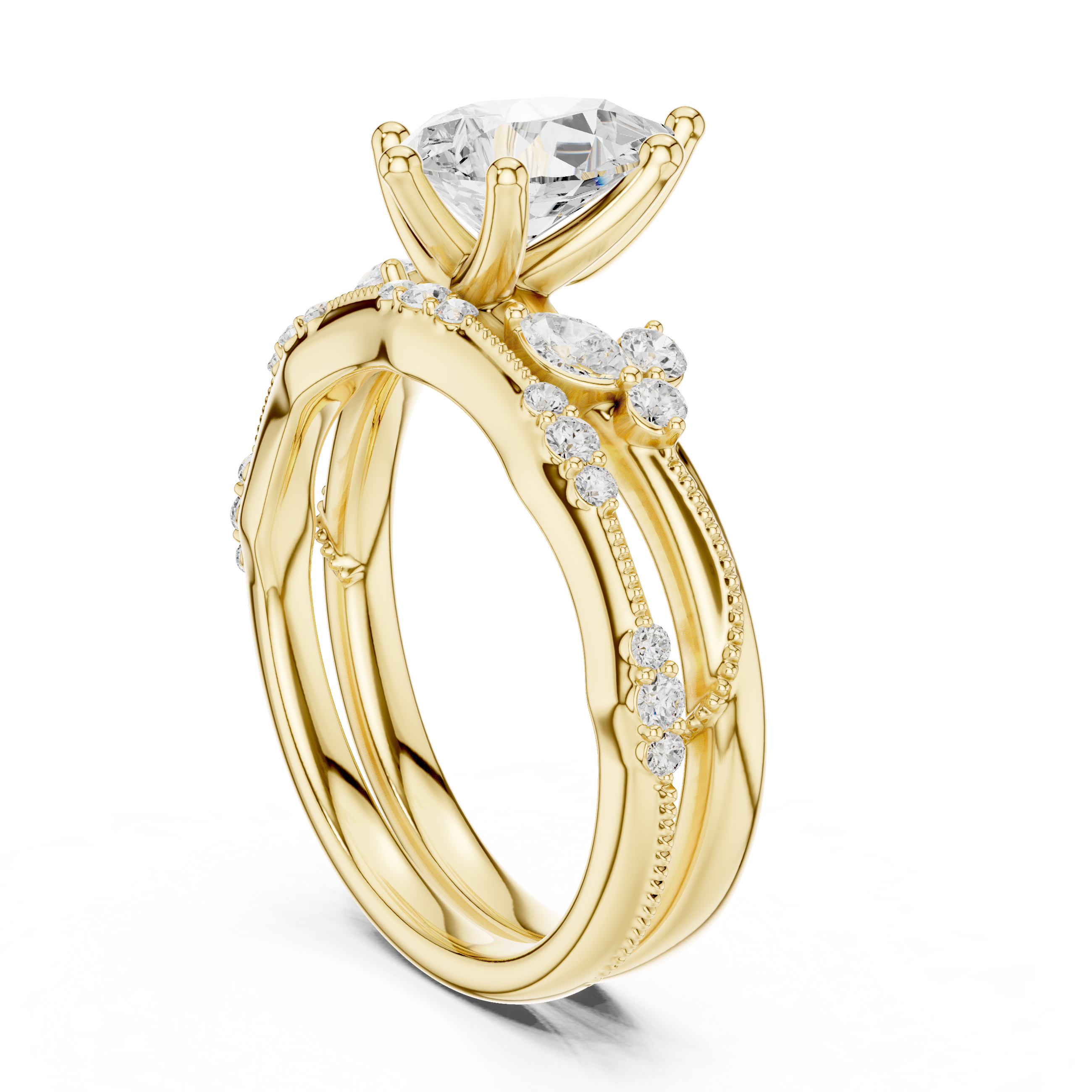 Vintage Pear Cut Bridal Ring Set with Marquise Diamond Accents and Milgrain Detail
