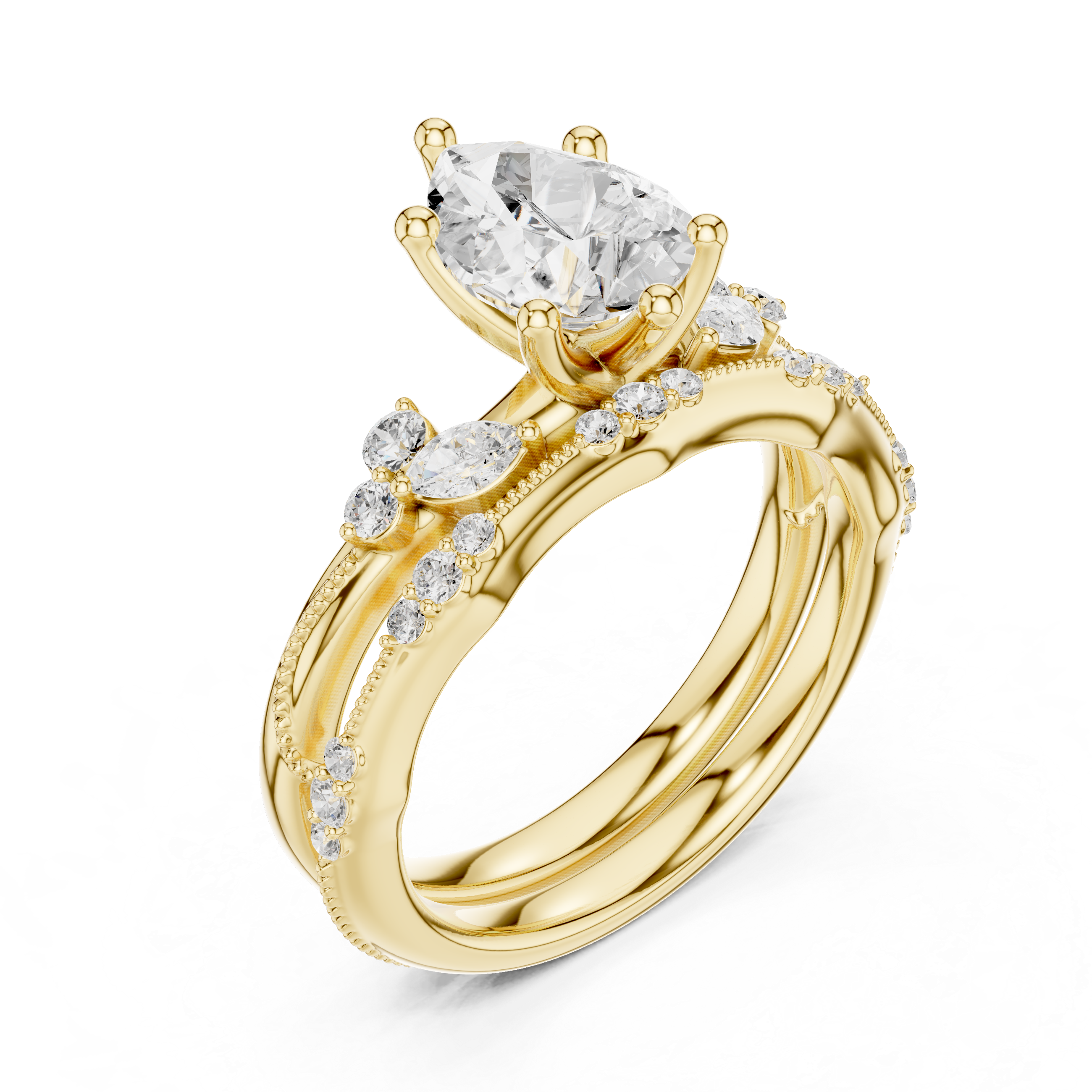 Vintage Pear Cut Bridal Ring Set with Marquise Diamond Accents and Milgrain Detail