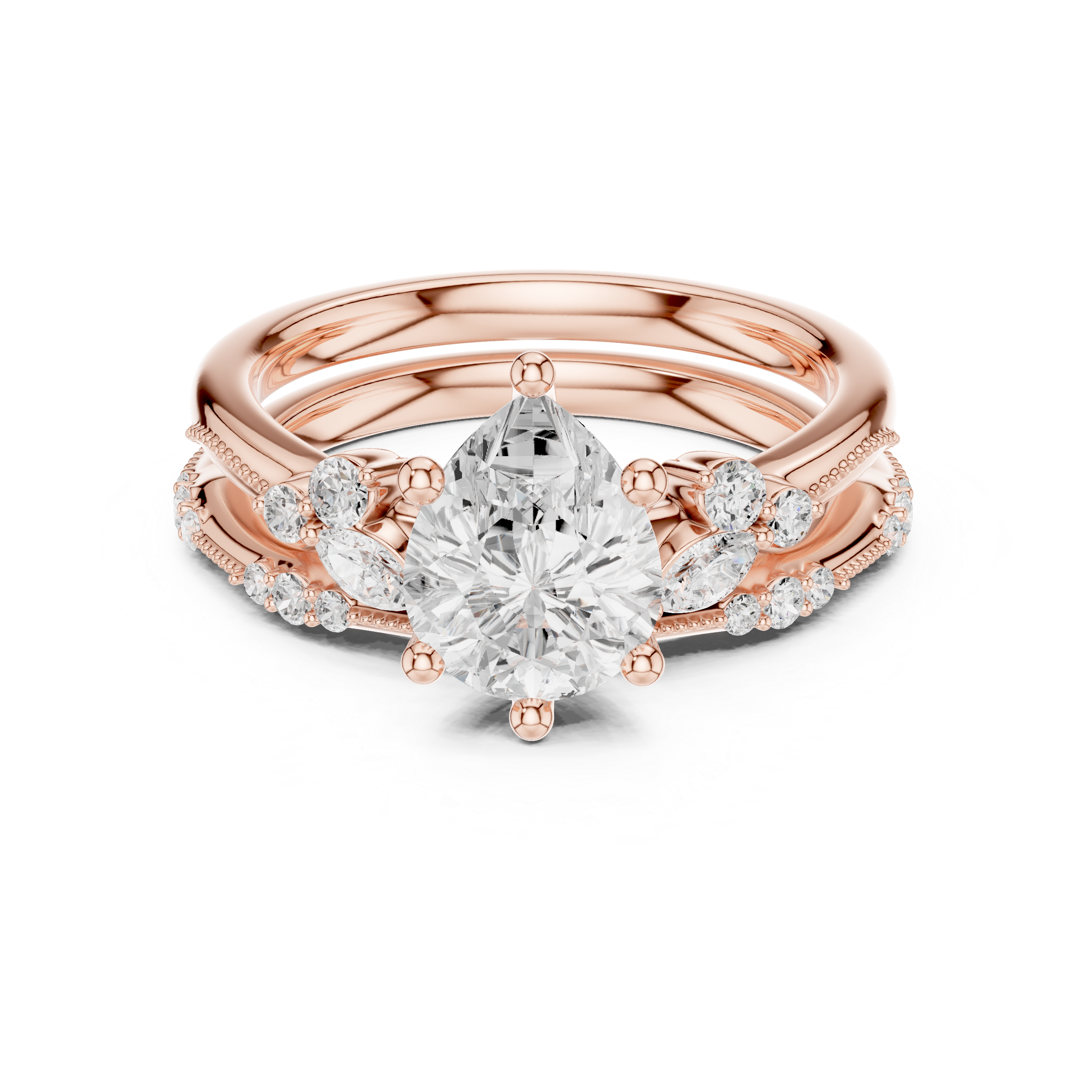 Vintage Pear Cut Bridal Ring Set with Marquise Diamond Accents and Milgrain Detail