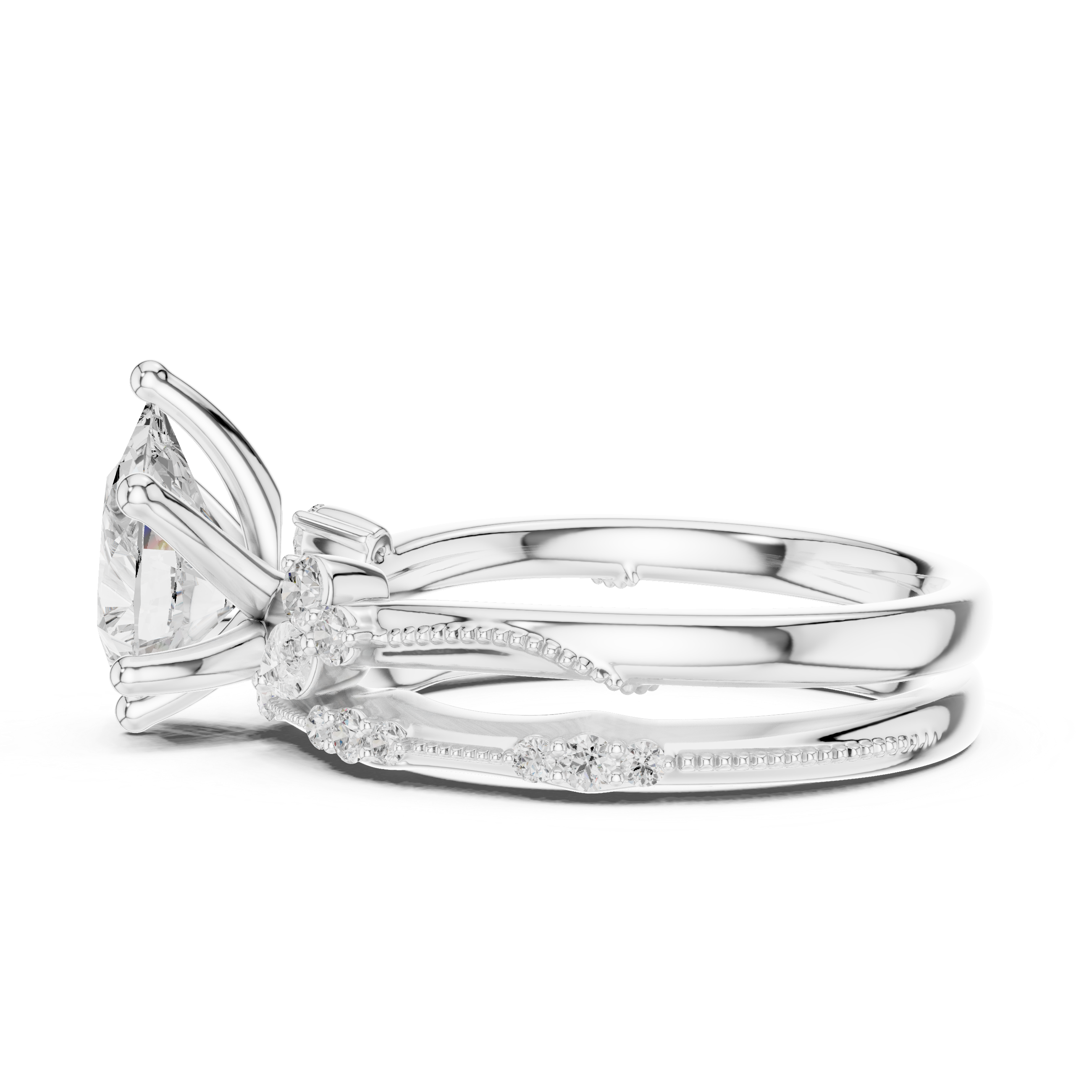 Vintage Pear Cut Bridal Ring Set with Marquise Diamond Accents and Milgrain Detail