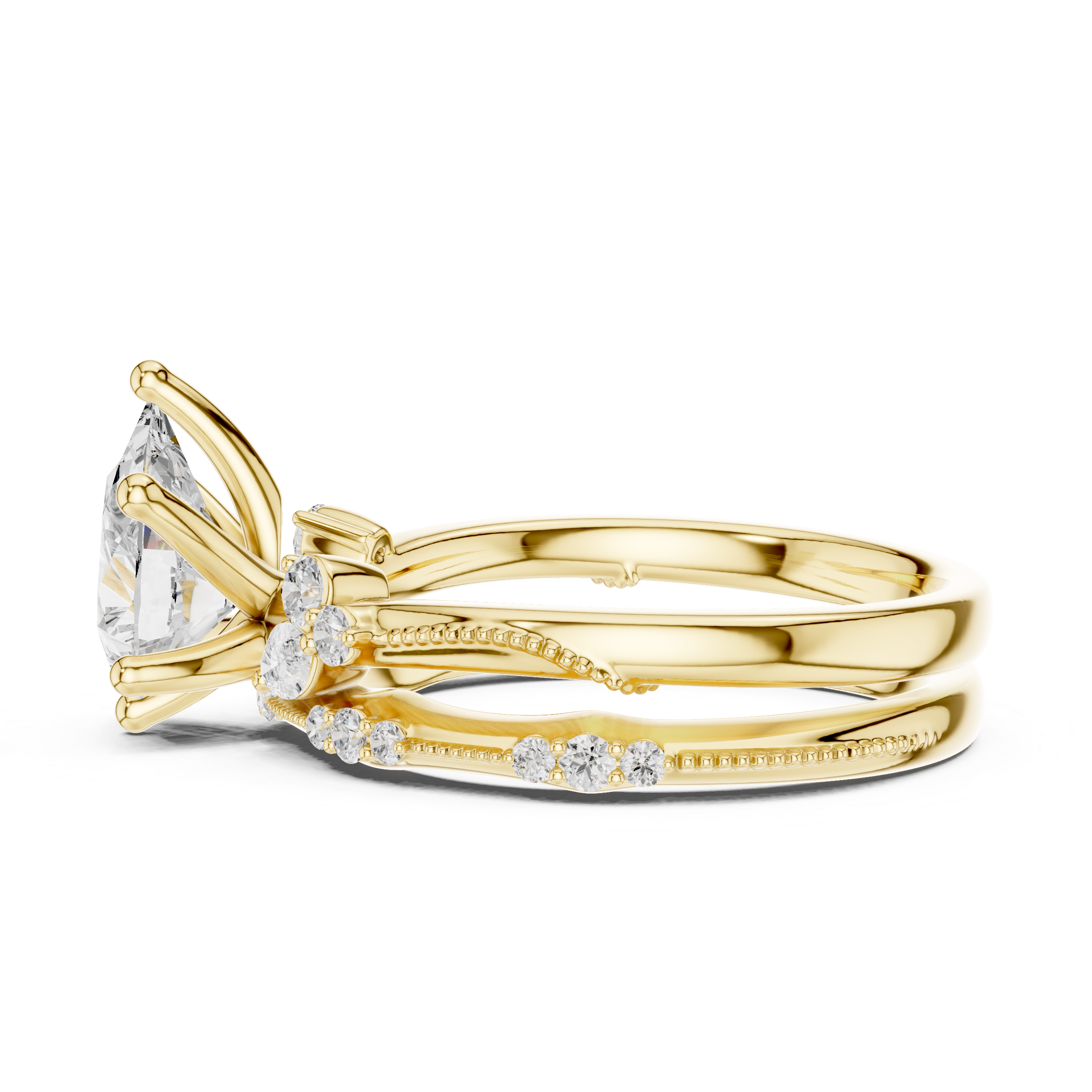 Vintage Pear Cut Bridal Ring Set with Marquise Diamond Accents and Milgrain Detail