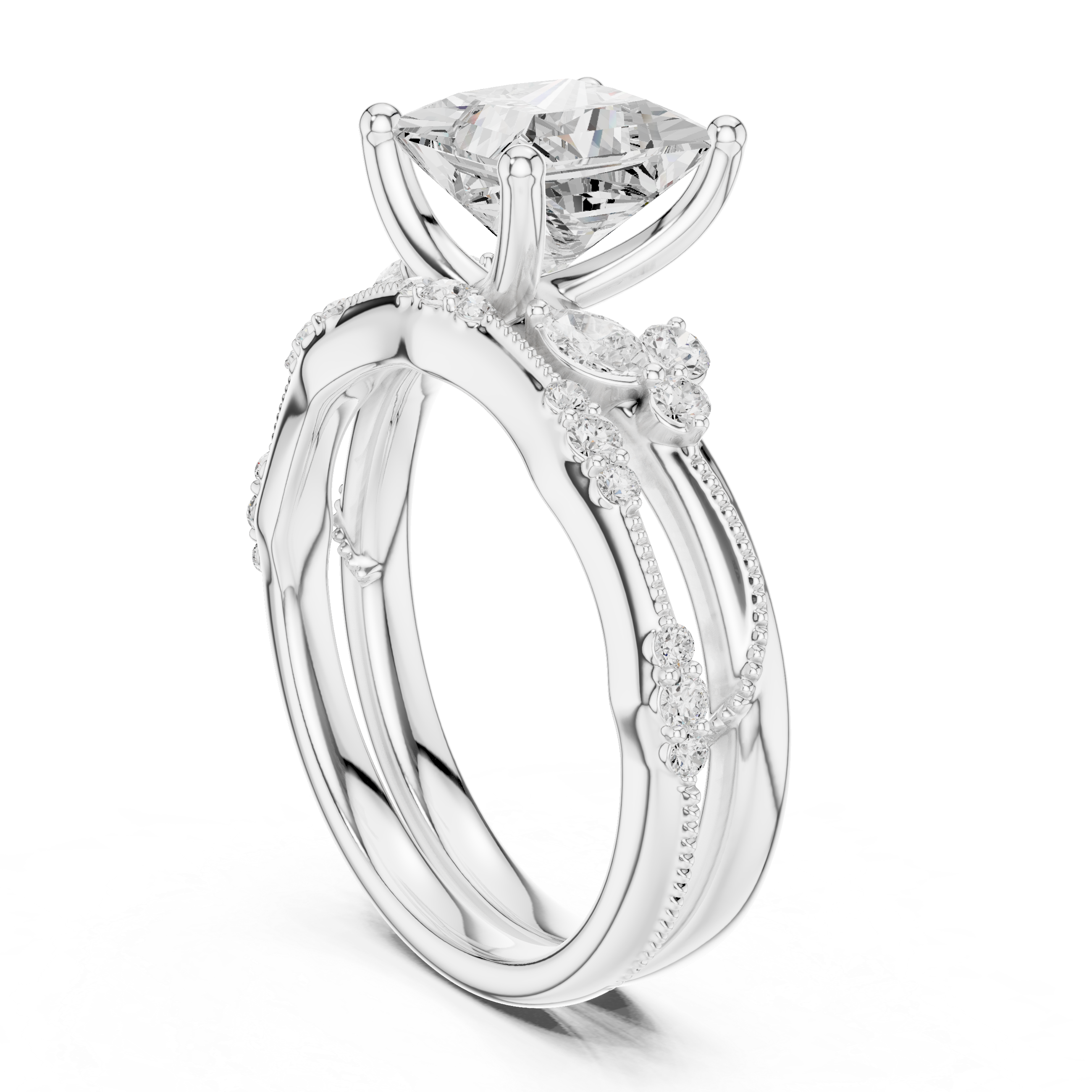 Vintage Princess Cut Bridal Ring Set with Marquise Diamond Accents and Milgrain Detail