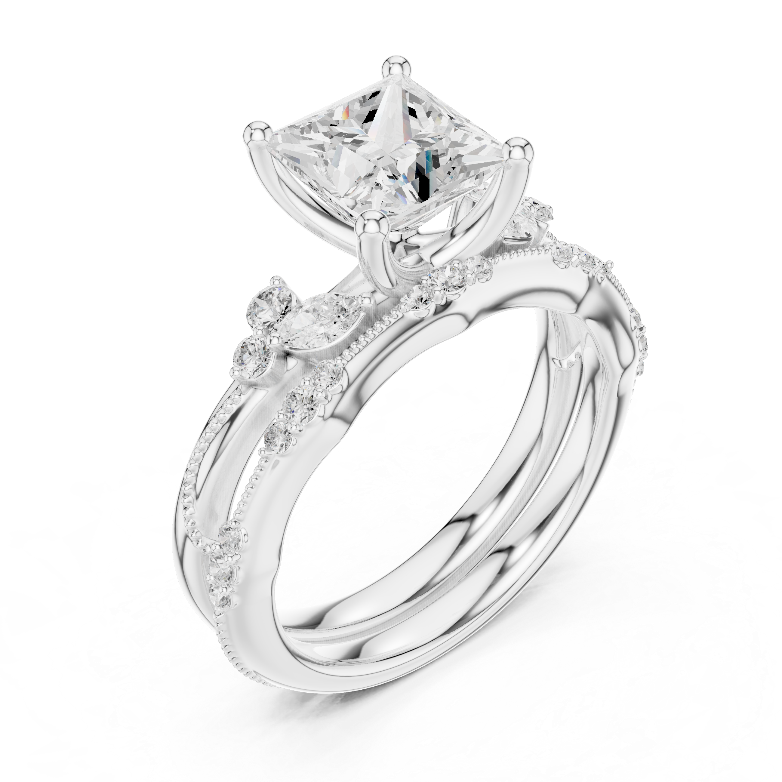 Vintage Princess Cut Bridal Ring Set with Marquise Diamond Accents and Milgrain Detail