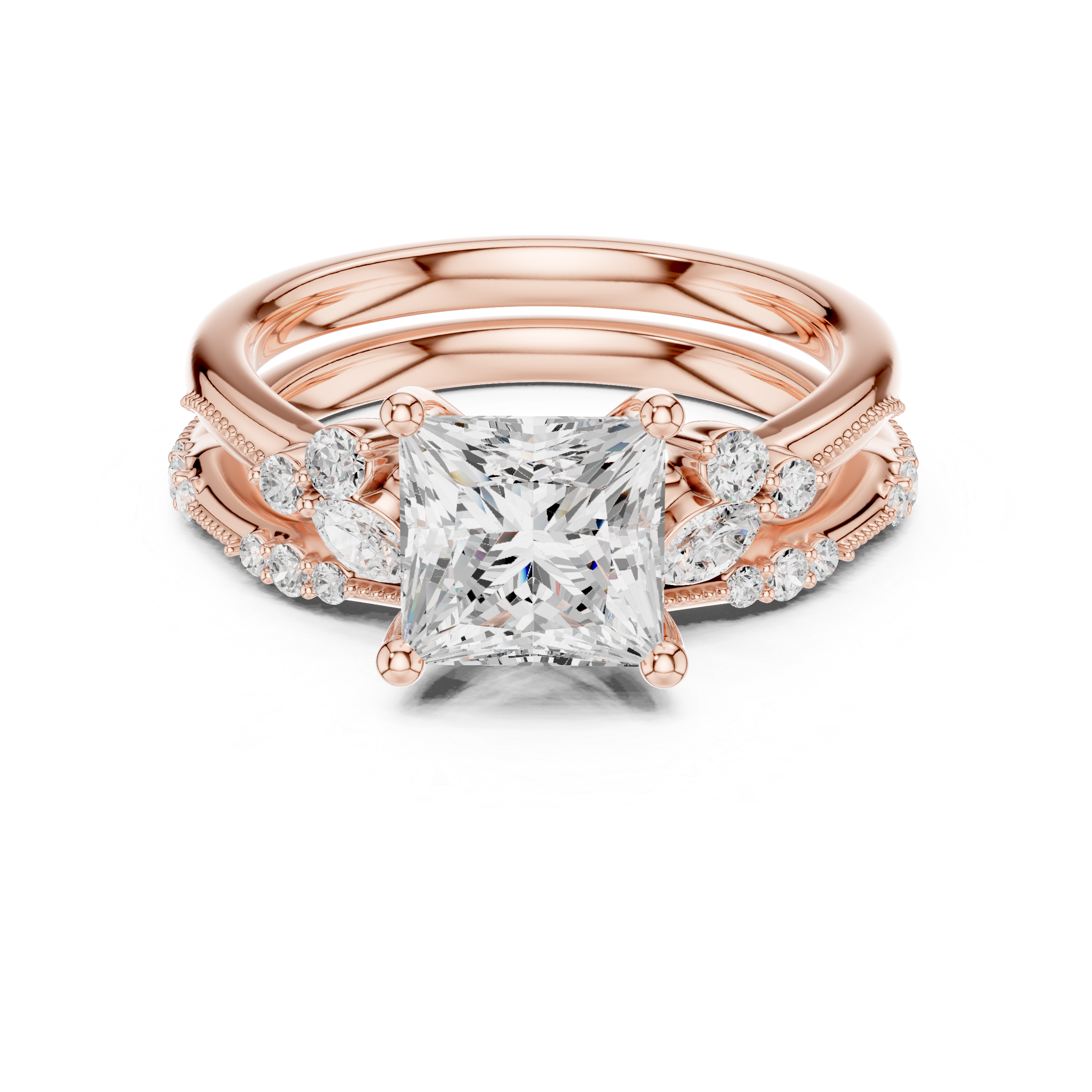 Vintage Princess Cut Bridal Ring Set with Marquise Diamond Accents and Milgrain Detail