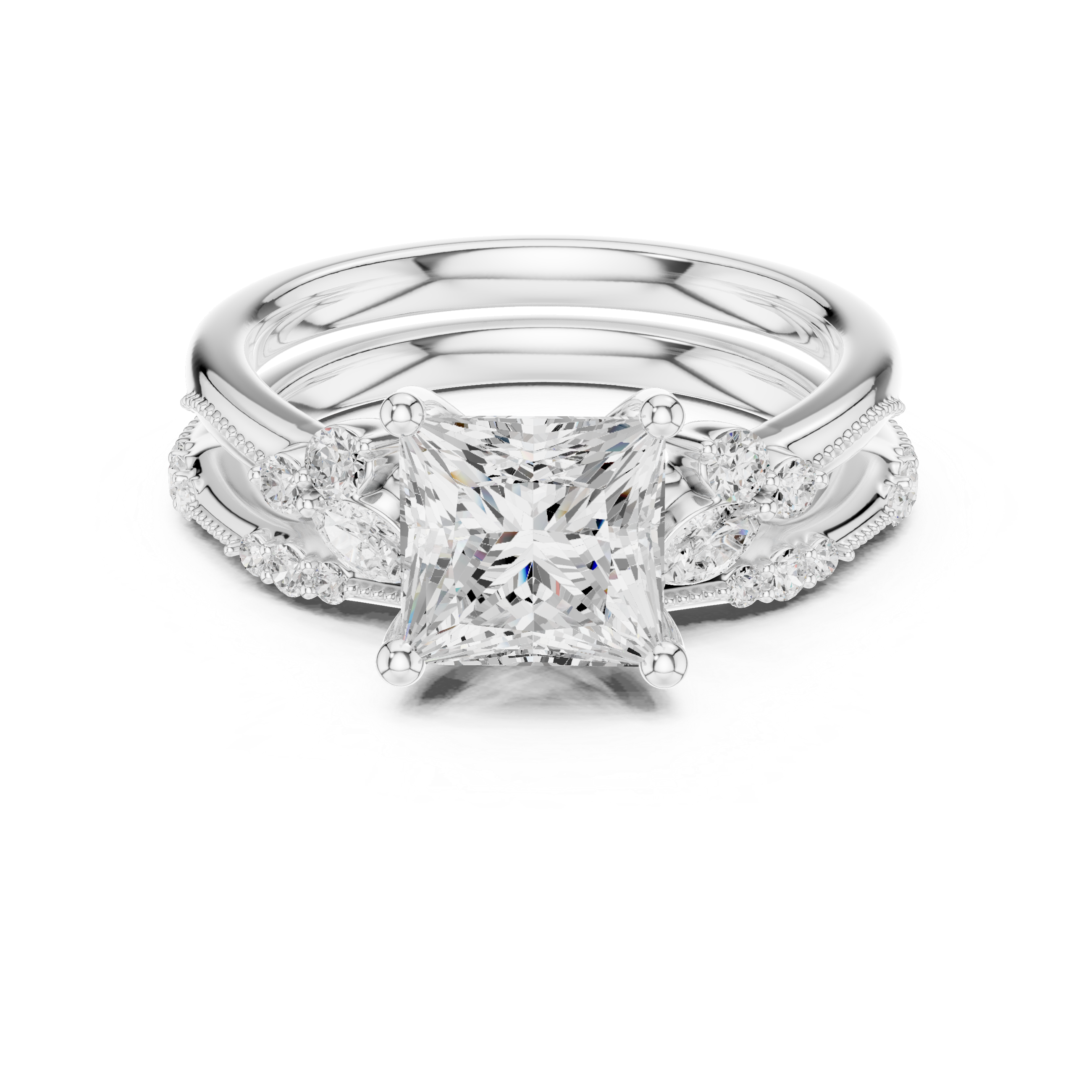 Vintage Princess Cut Bridal Ring Set with Marquise Diamond Accents and Milgrain Detail