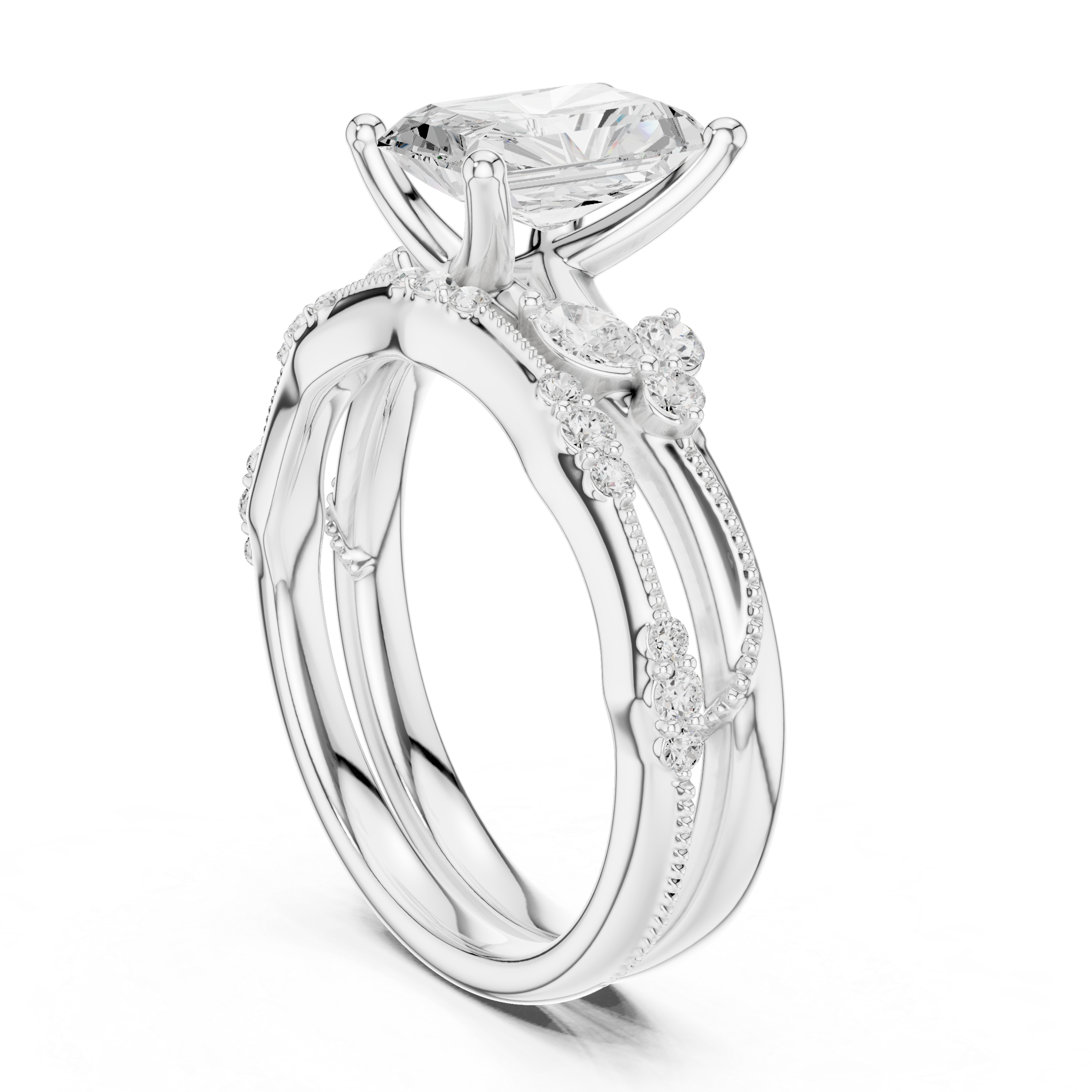 Vintage Radiant Cut Bridal Ring Set with Marquise Diamond Accents and Milgrain Detail
