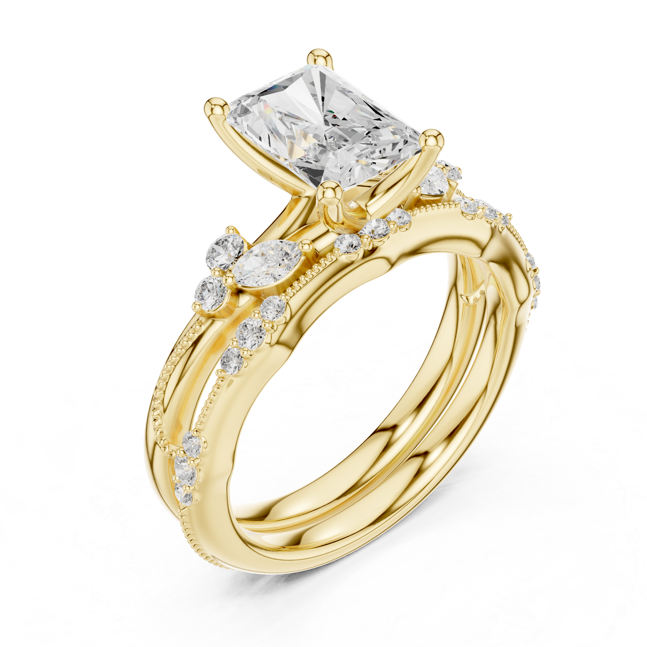 Vintage Radiant Cut Bridal Ring Set with Marquise Diamond Accents and Milgrain Detail