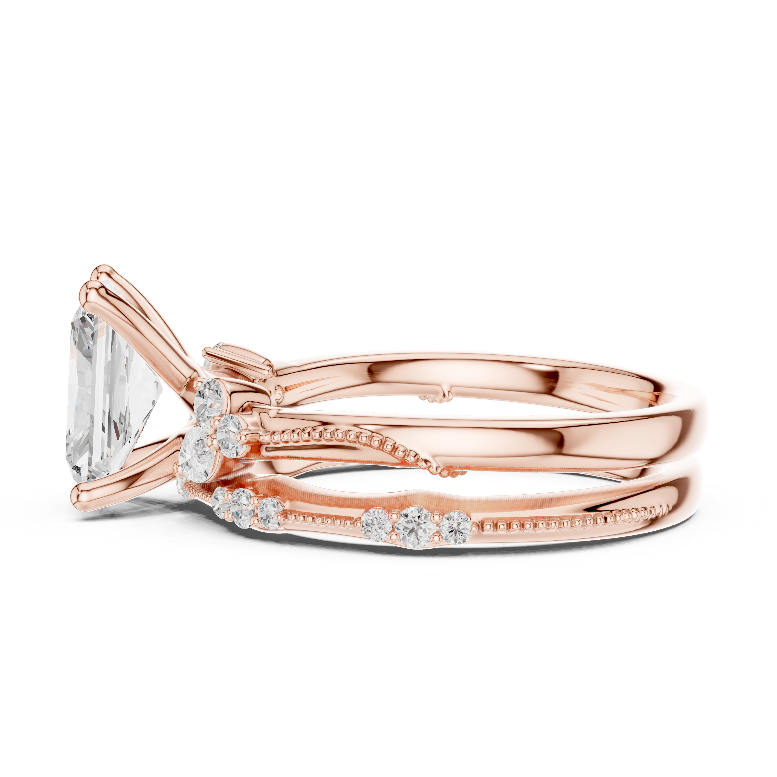 Vintage Radiant Cut Bridal Ring Set with Marquise Diamond Accents and Milgrain Detail