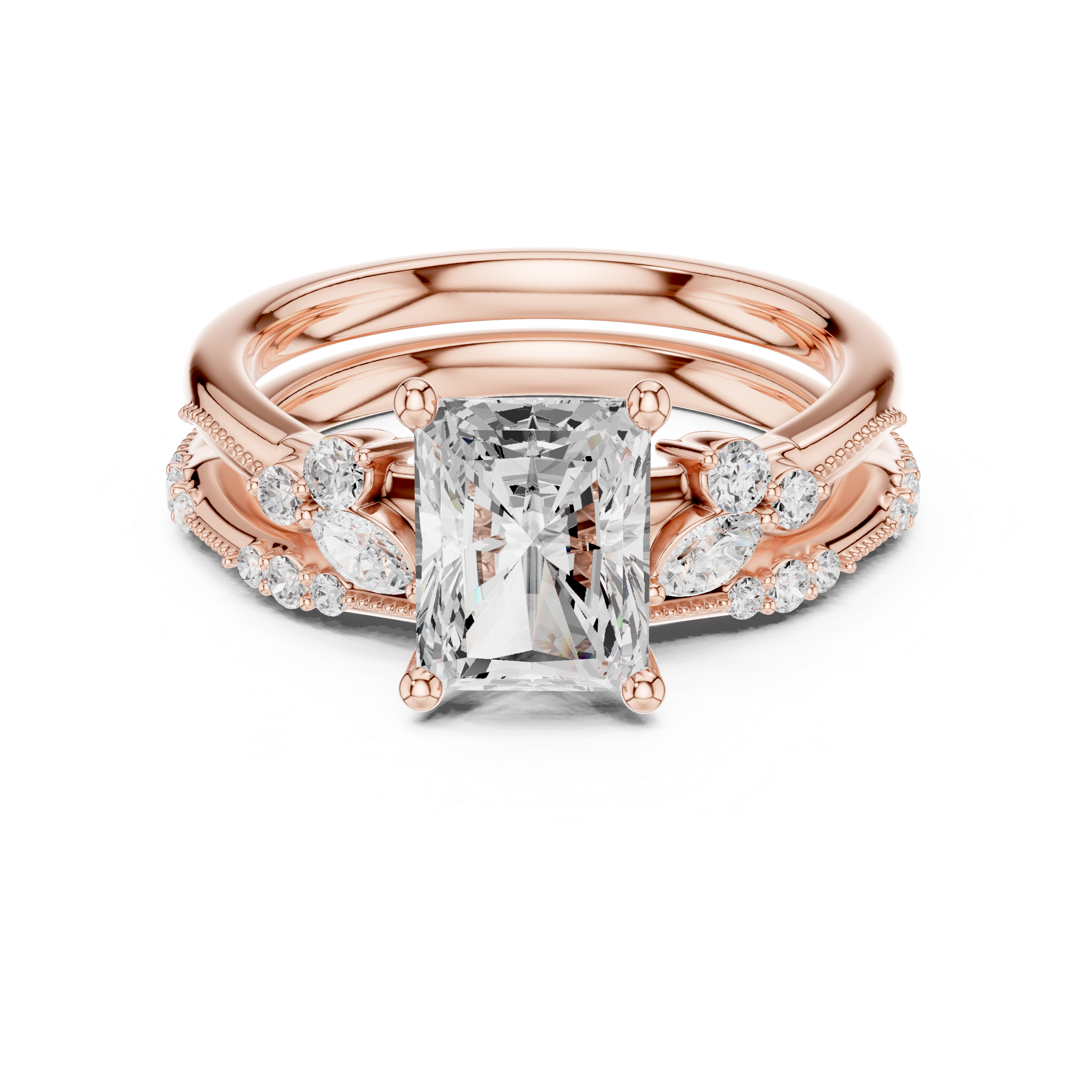 Vintage Radiant Cut Bridal Ring Set with Marquise Diamond Accents and Milgrain Detail