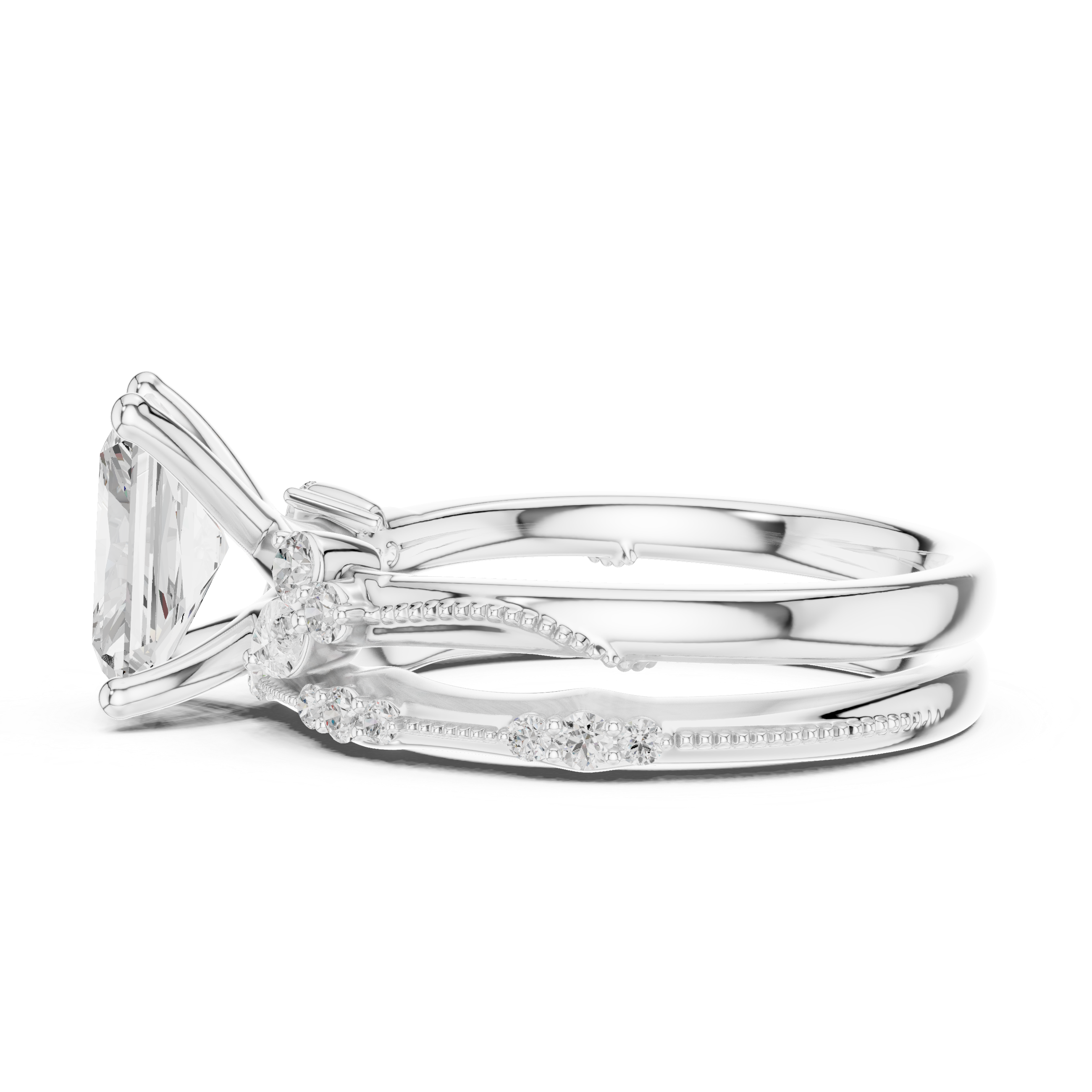 Vintage Radiant Cut Bridal Ring Set with Marquise Diamond Accents and Milgrain Detail