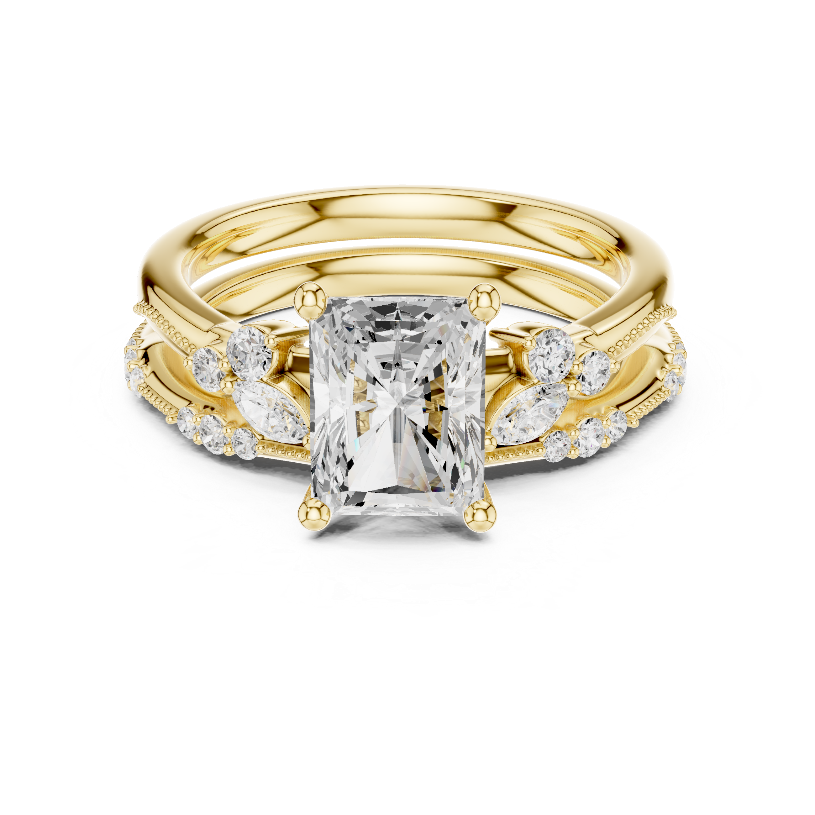 Vintage Radiant Cut Bridal Ring Set with Marquise Diamond Accents and Milgrain Detail