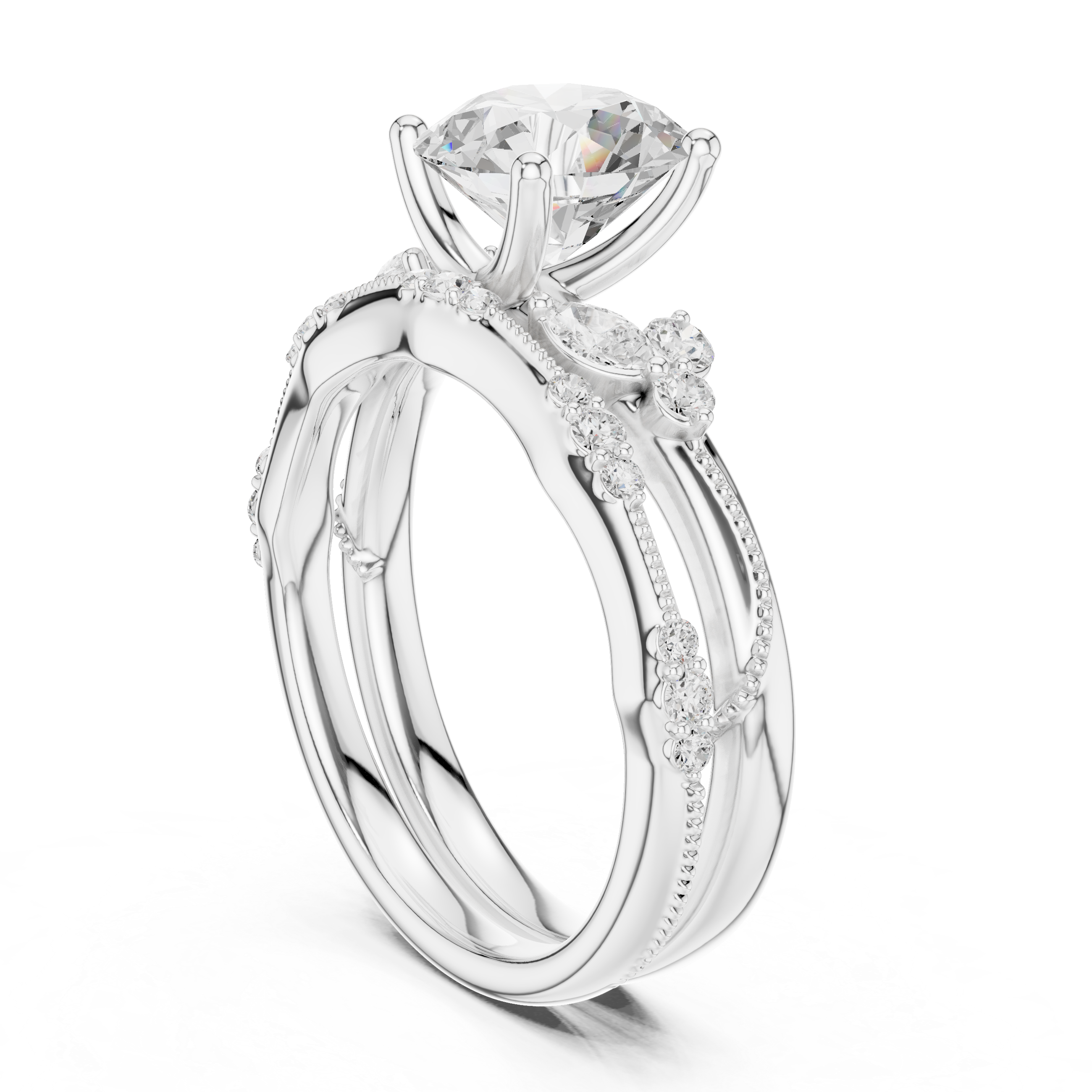 Vintage Round Cut Bridal Ring Set with Marquise Diamond Accents and Milgrain Band