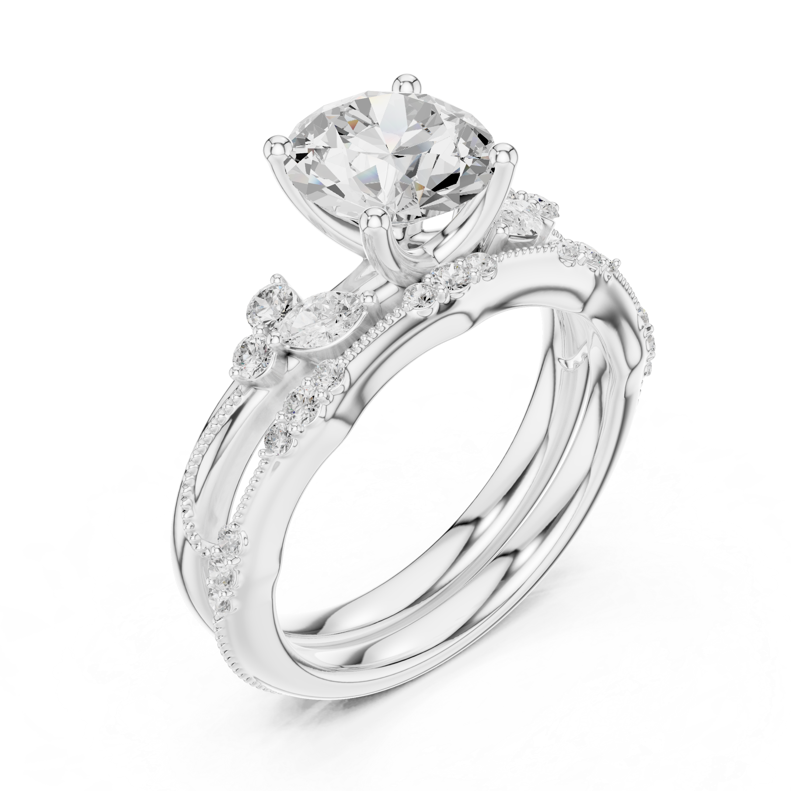 Vintage Round Cut Bridal Ring Set with Marquise Diamond Accents and Milgrain Band