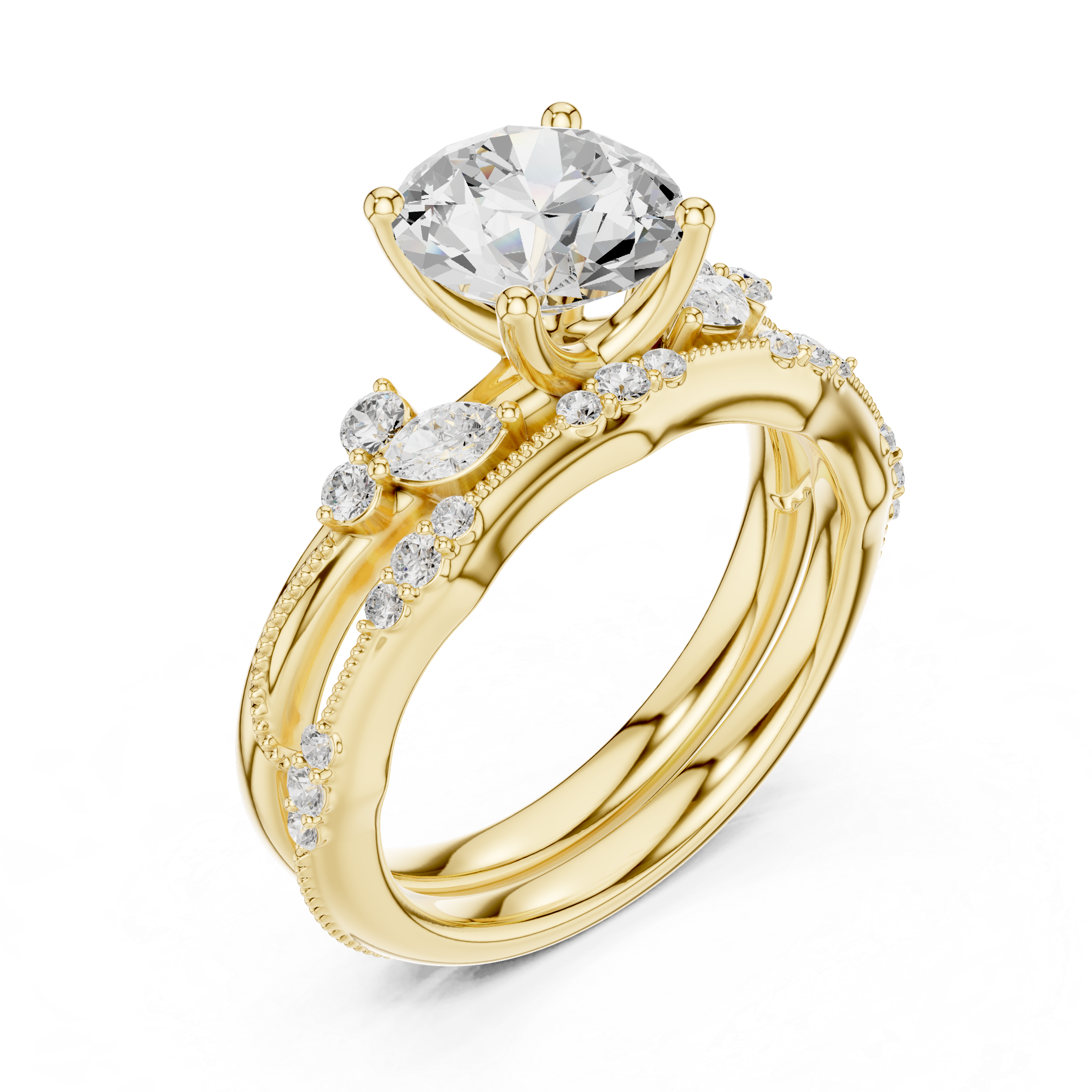 Vintage Round Cut Bridal Ring Set with Marquise Diamond Accents and Milgrain Band