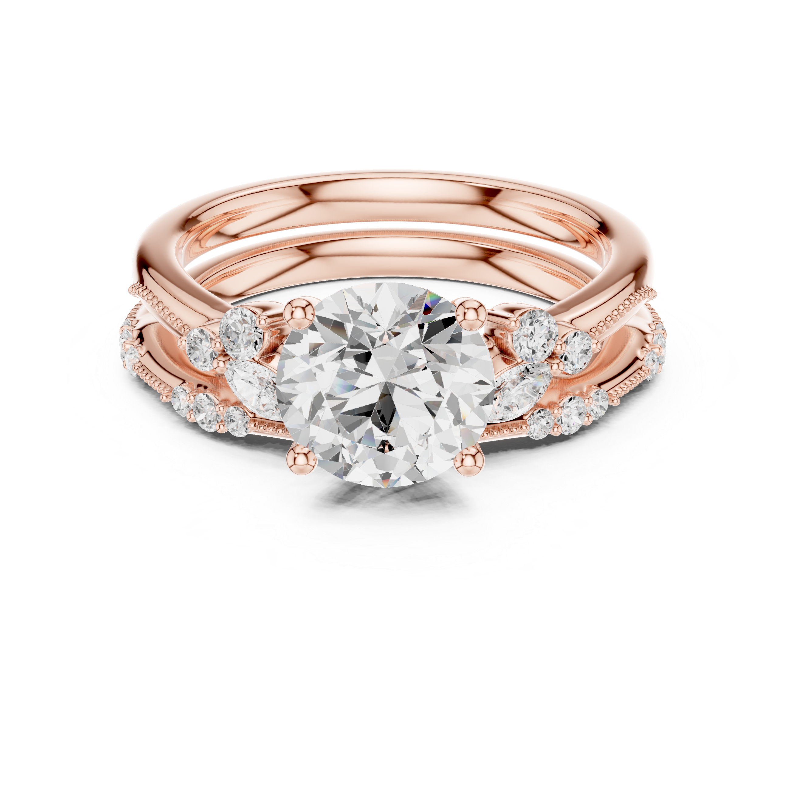 Vintage Round Cut Bridal Ring Set with Marquise Diamond Accents and Milgrain Band
