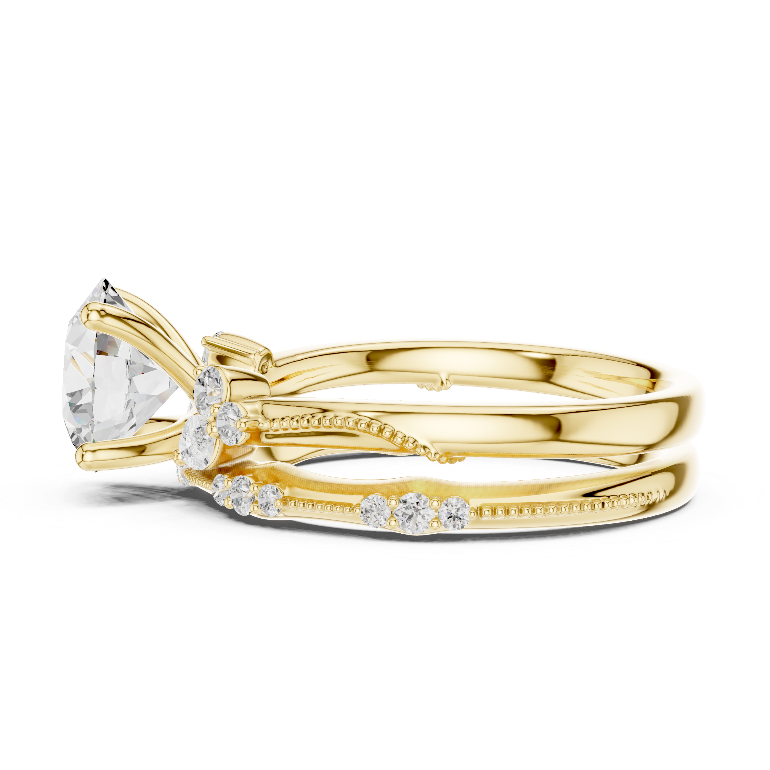Vintage Round Cut Bridal Ring Set with Marquise Diamond Accents and Milgrain Band