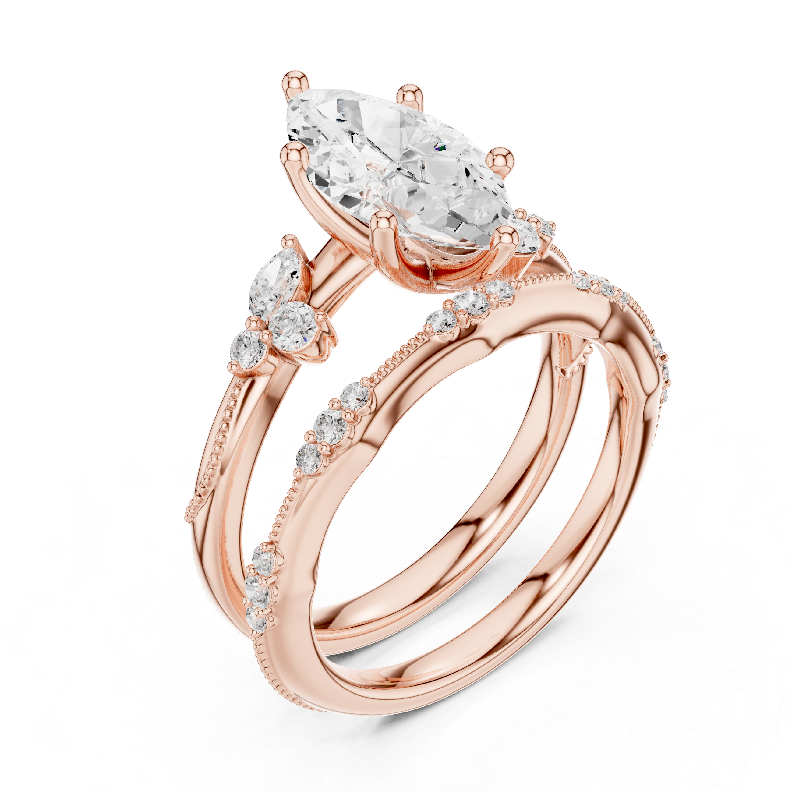 2 Carat Marquise-Cut Diamond Botanical Three-Piece Bridal Ring Set