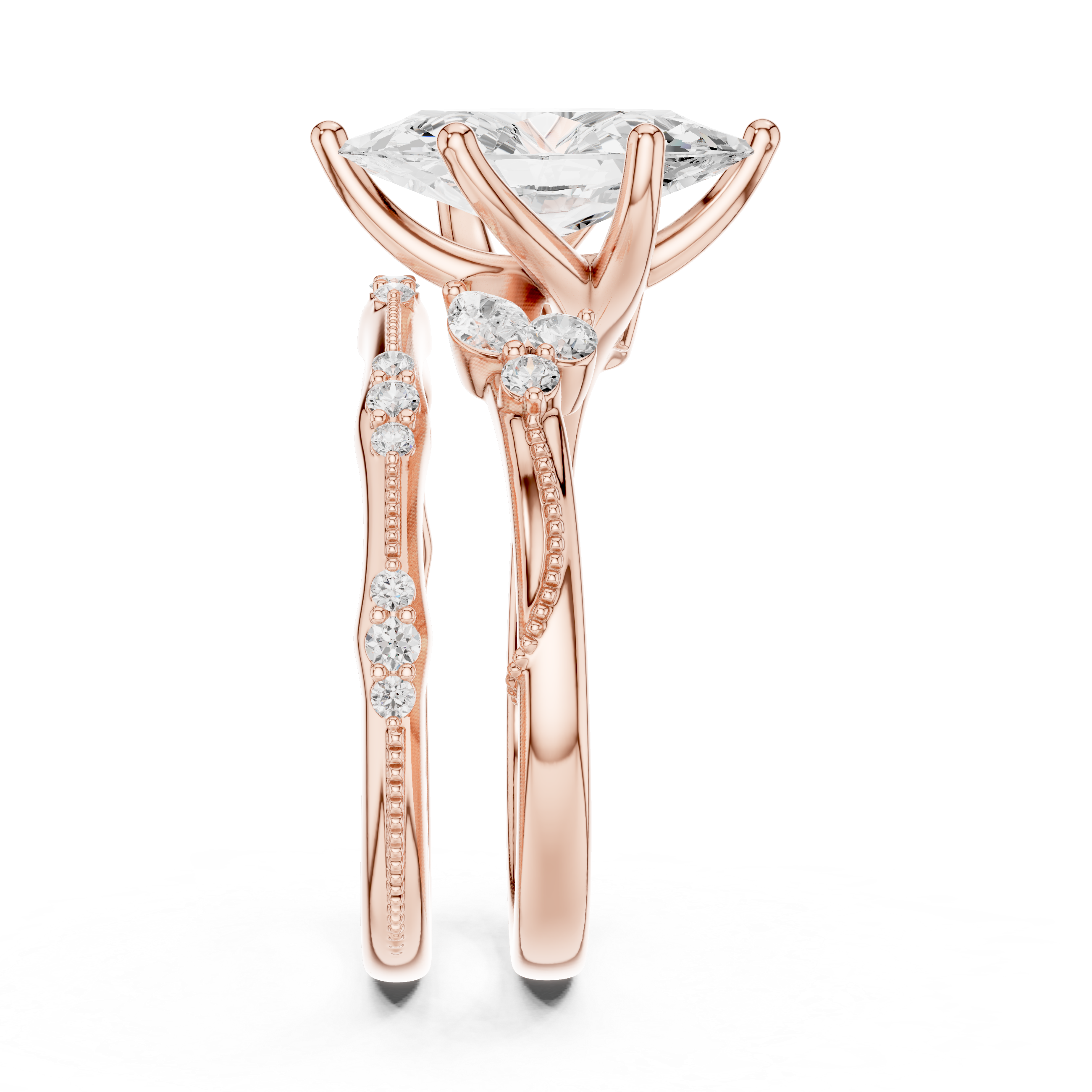 2 Carat Marquise-Cut Diamond Botanical Three-Piece Bridal Ring Set