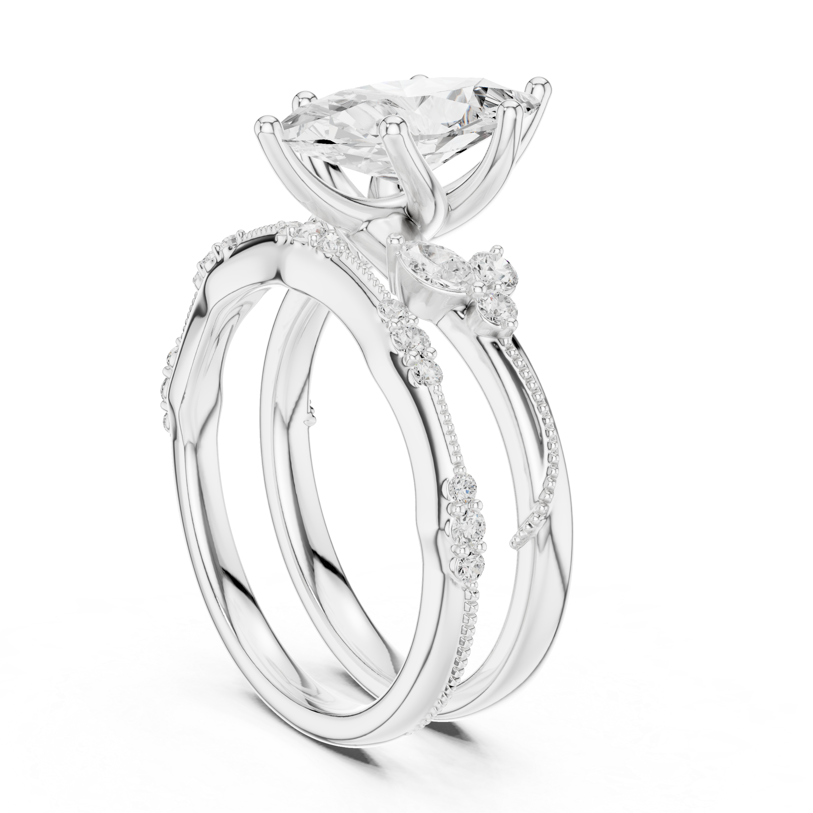 2 Carat Marquise-Cut Diamond Botanical Three-Piece Bridal Ring Set