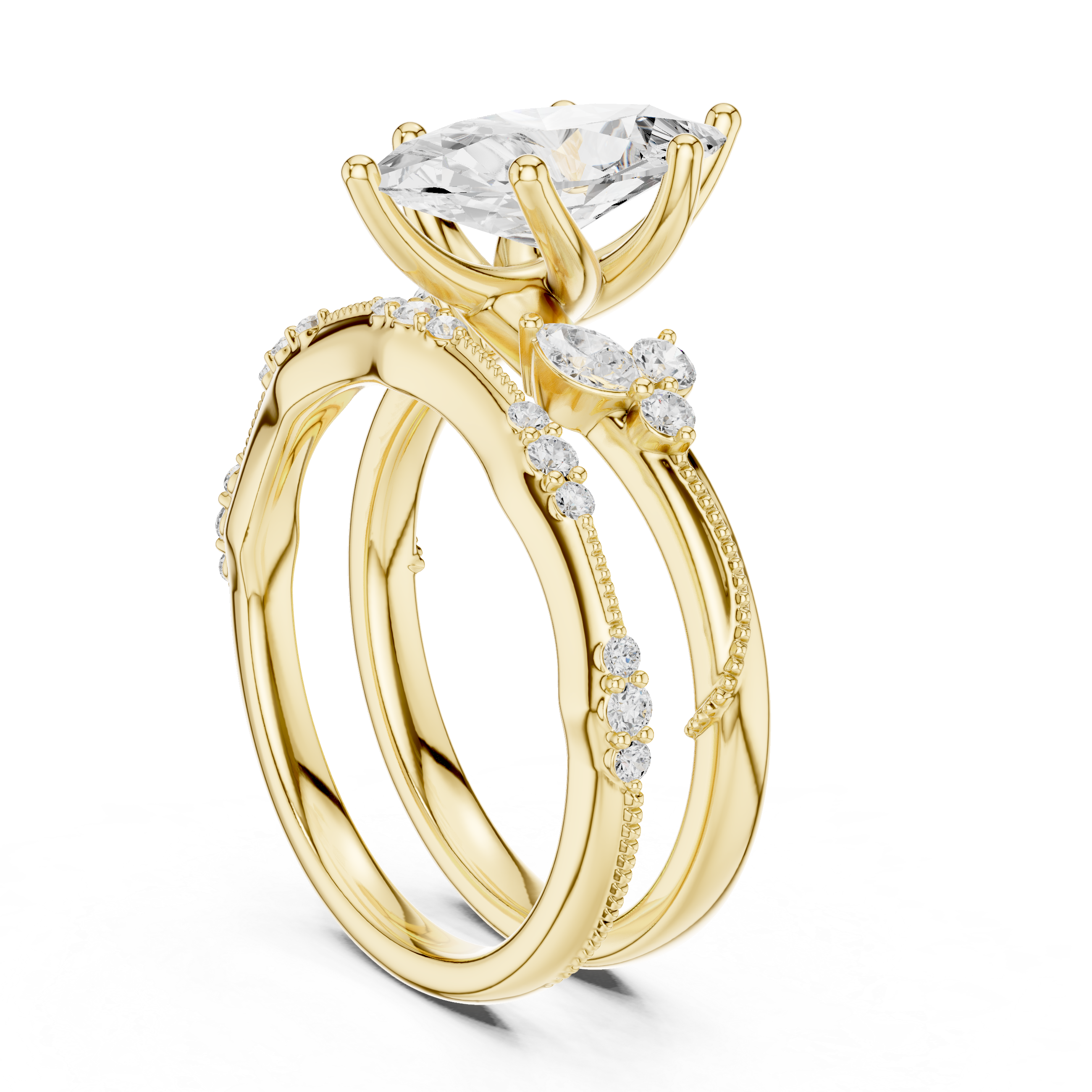 2 Carat Marquise-Cut Diamond Botanical Three-Piece Bridal Ring Set