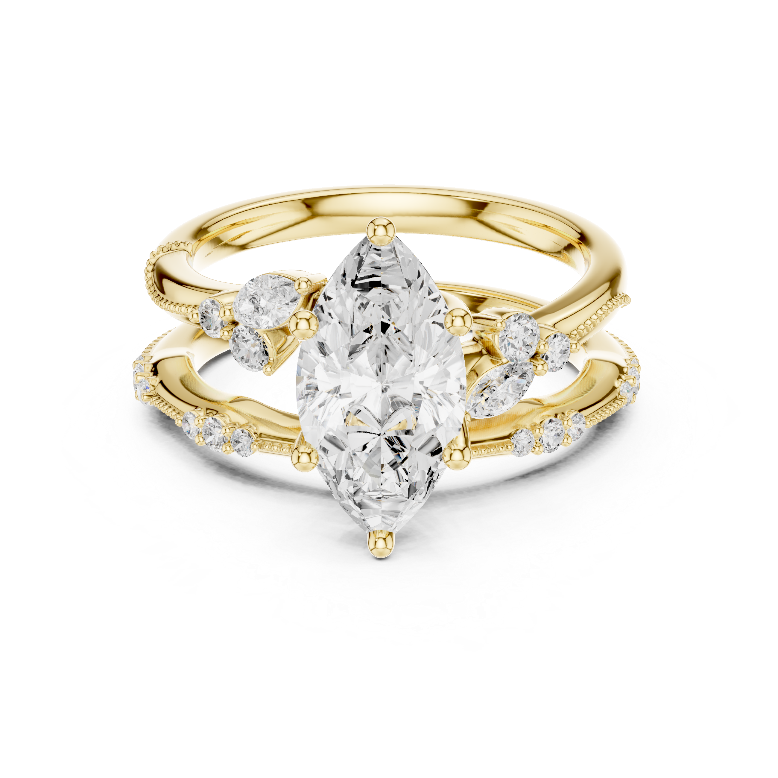 2 Carat Marquise-Cut Diamond Botanical Three-Piece Bridal Ring Set