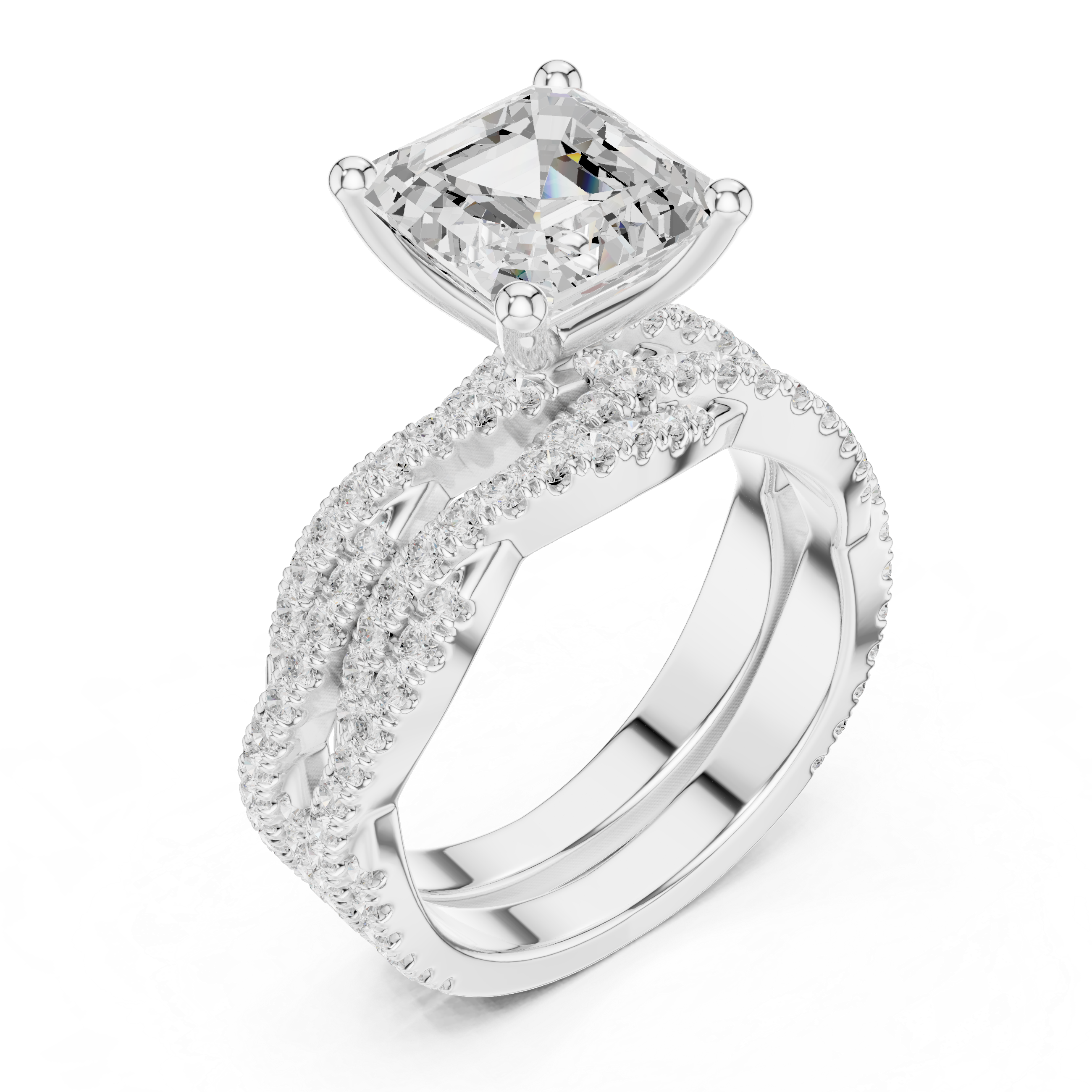 Asscher Cut Triple Row Pavé Engagement Ring with Split Shank Design