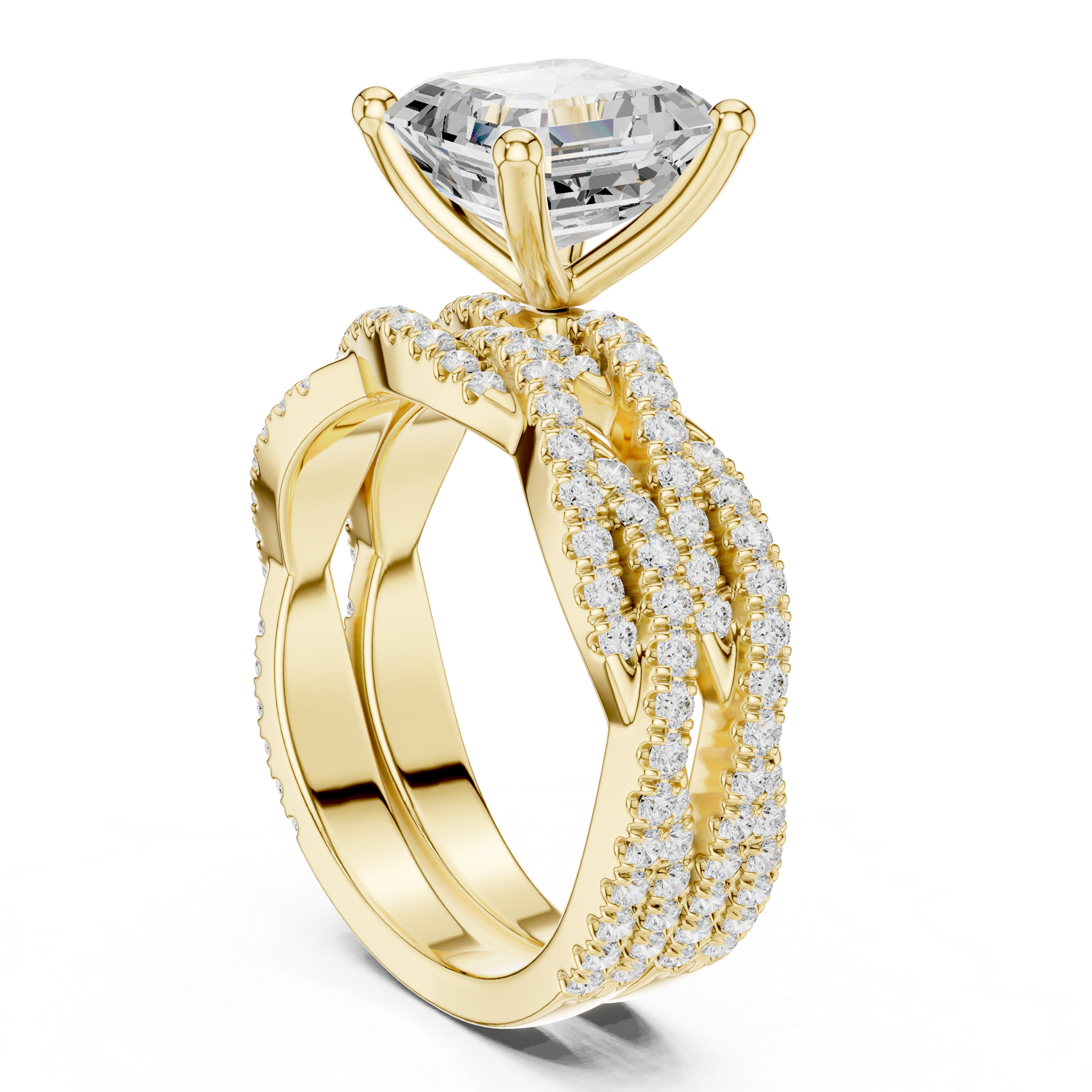 Asscher Cut Triple Row Pavé Engagement Ring with Split Shank Design