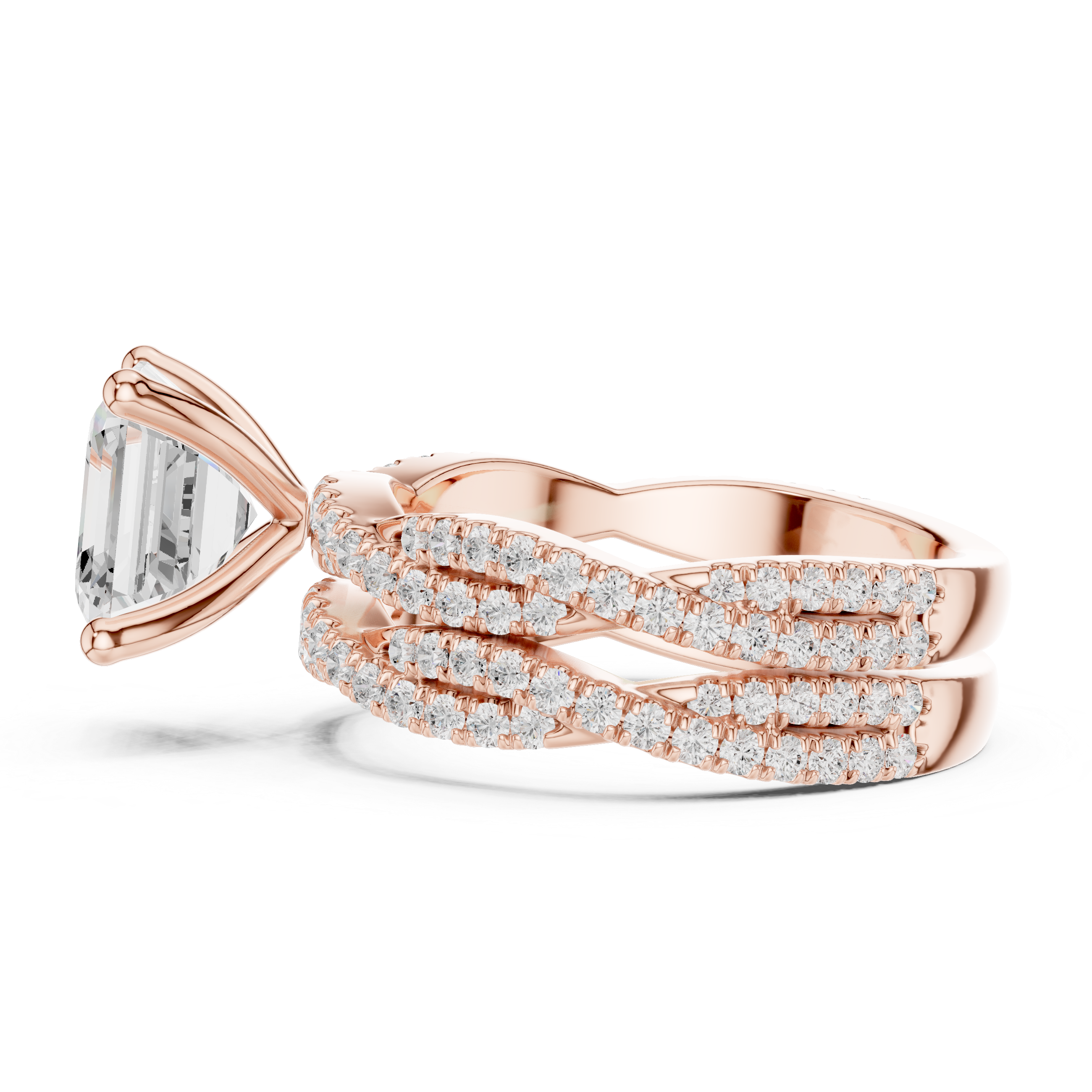 Asscher Cut Triple Row Pavé Engagement Ring with Split Shank Design
