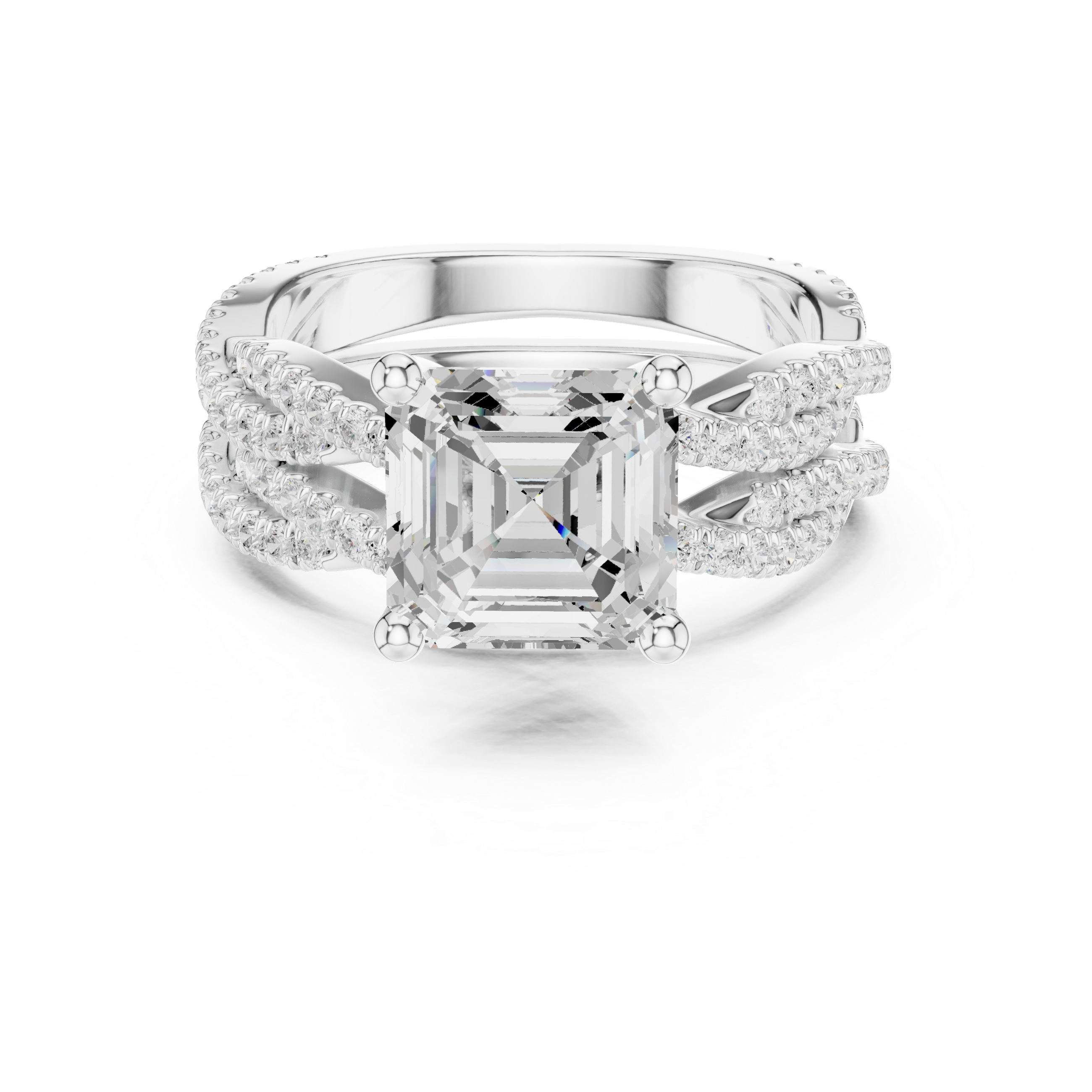 Asscher Cut Triple Row Pavé Engagement Ring with Split Shank Design