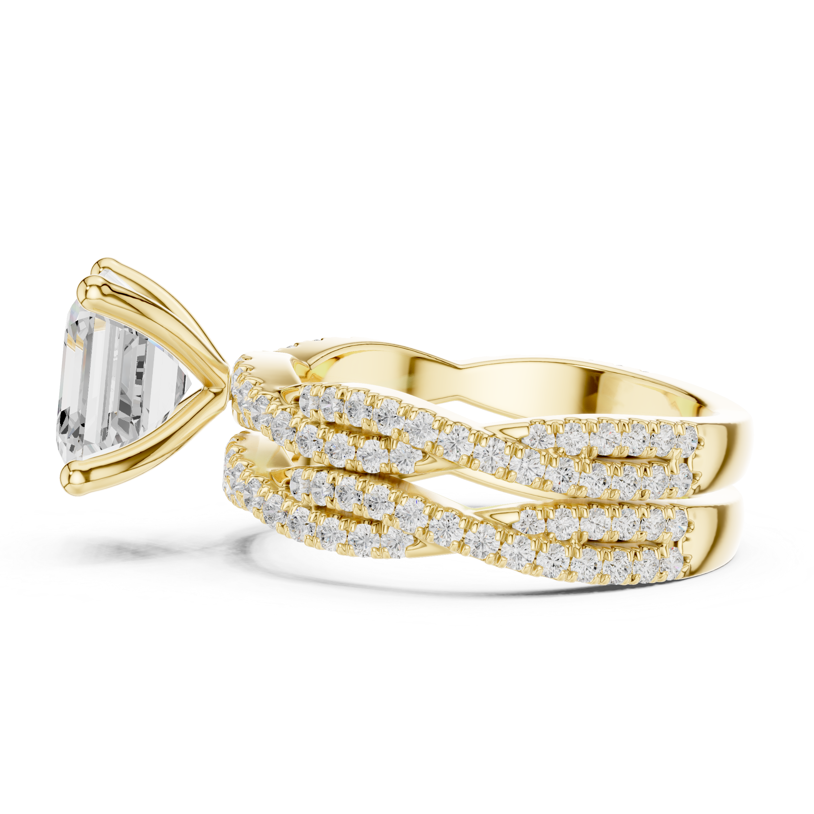 Asscher Cut Triple Row Pavé Engagement Ring with Split Shank Design