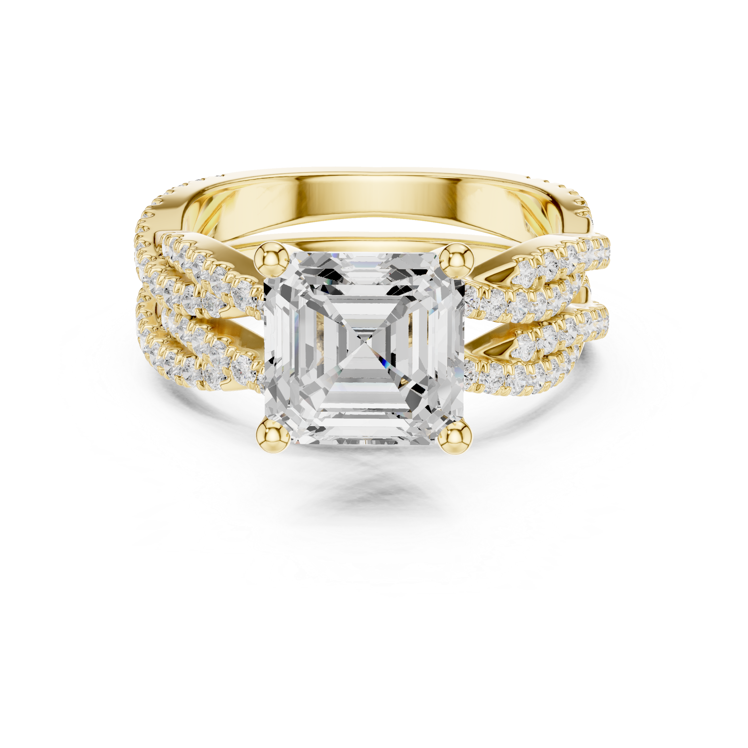 Asscher Cut Triple Row Pavé Engagement Ring with Split Shank Design
