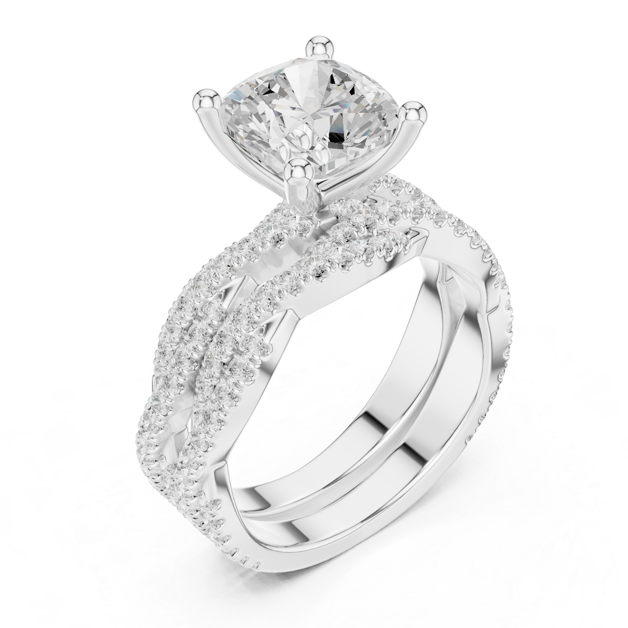 Cushion Cut Triple Row Pavé Split Shank Engagement Ring