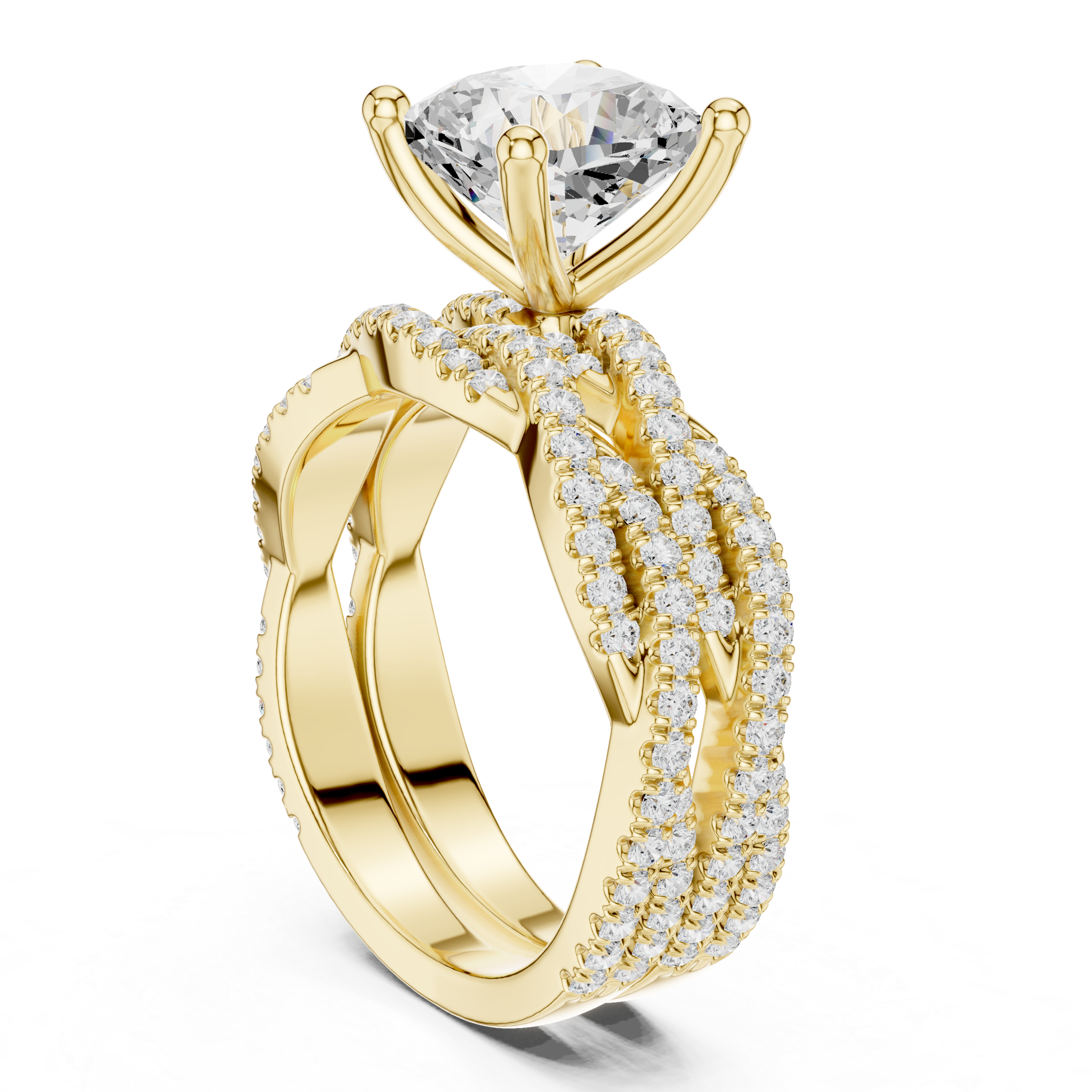 Cushion Cut Triple Row Pavé Split Shank Engagement Ring