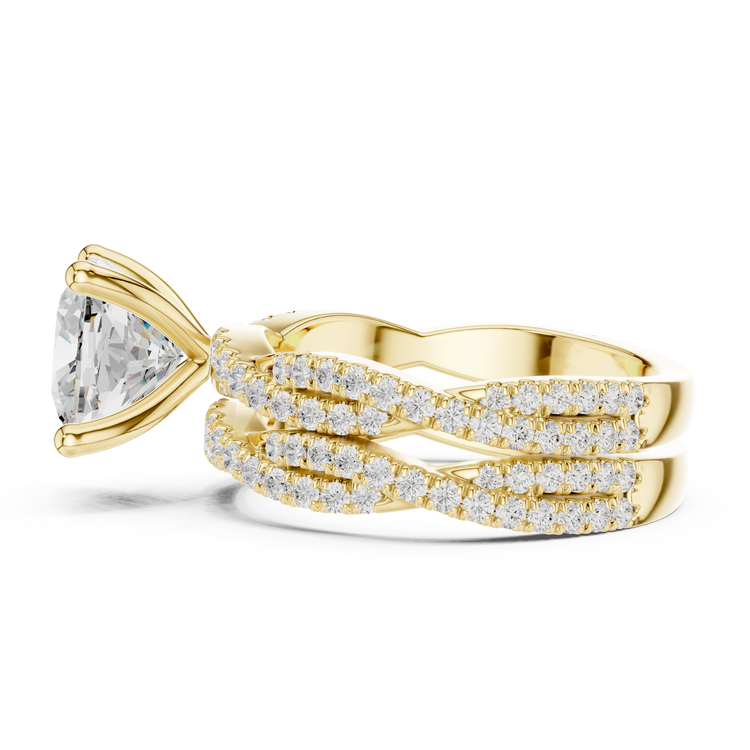 Cushion Cut Triple Row Pavé Split Shank Engagement Ring