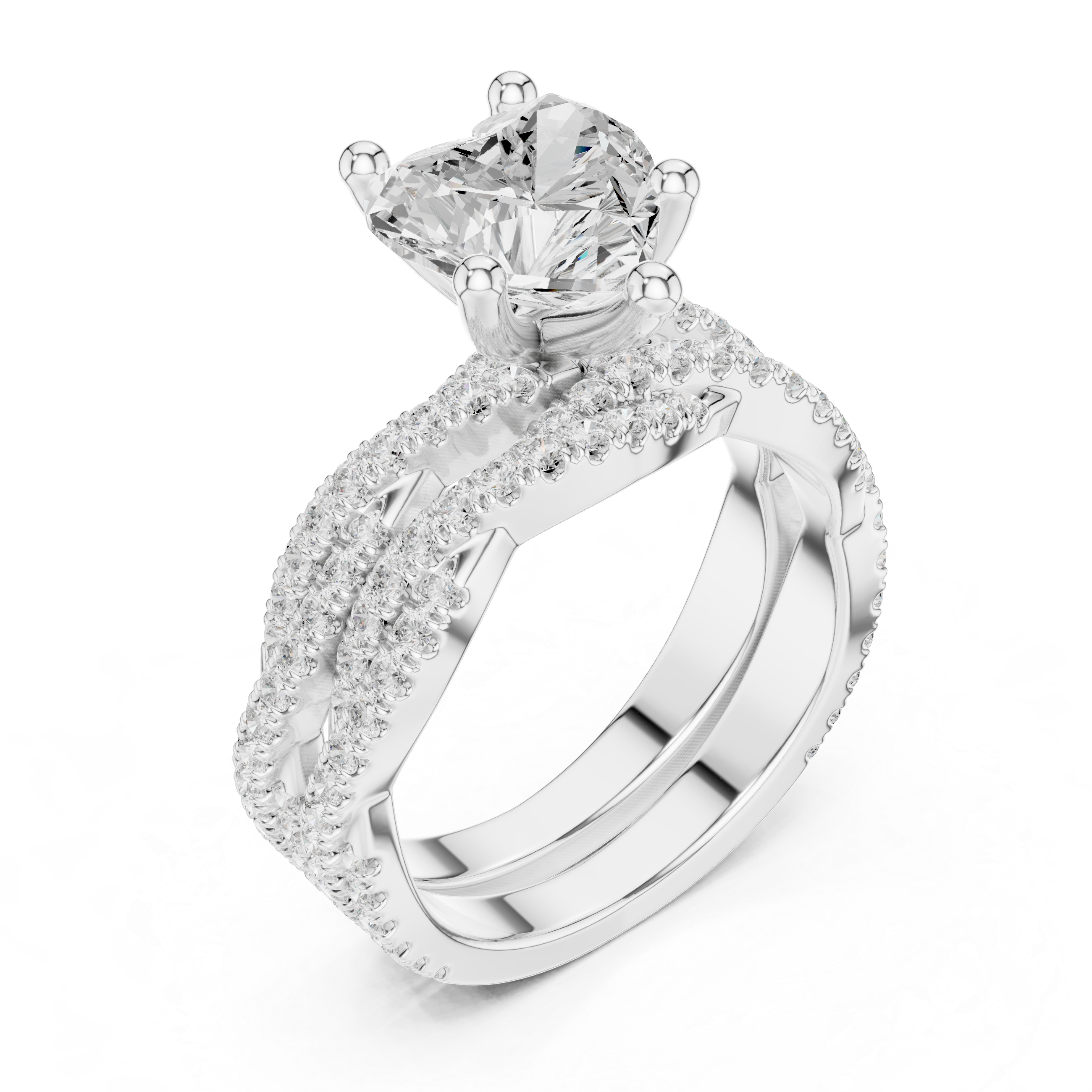 Heart Cut Triple Row Pavé Split Shank Engagement Ring