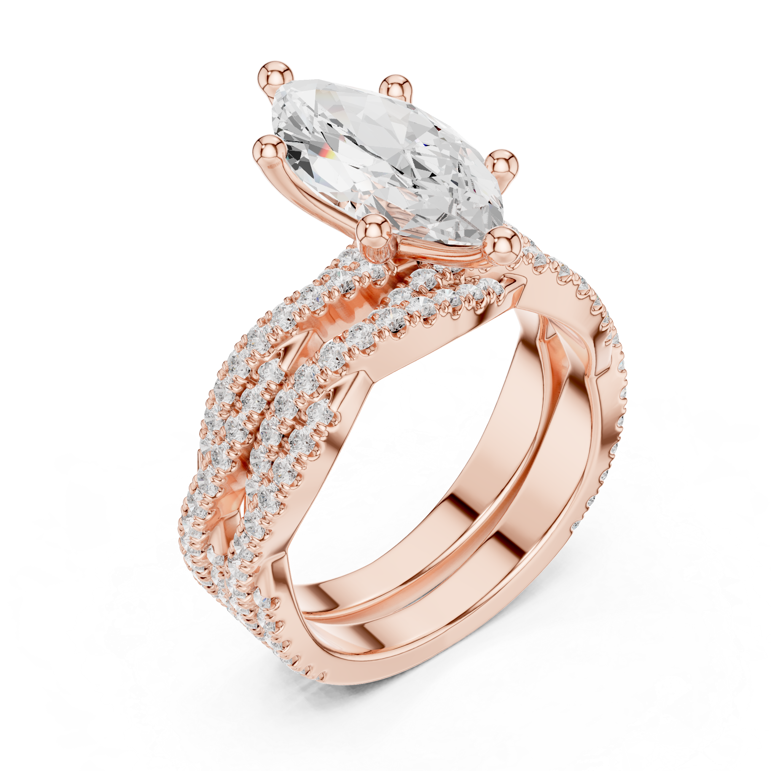 Marquise Cut Triple Row Pavé Split Shank Engagement Ring