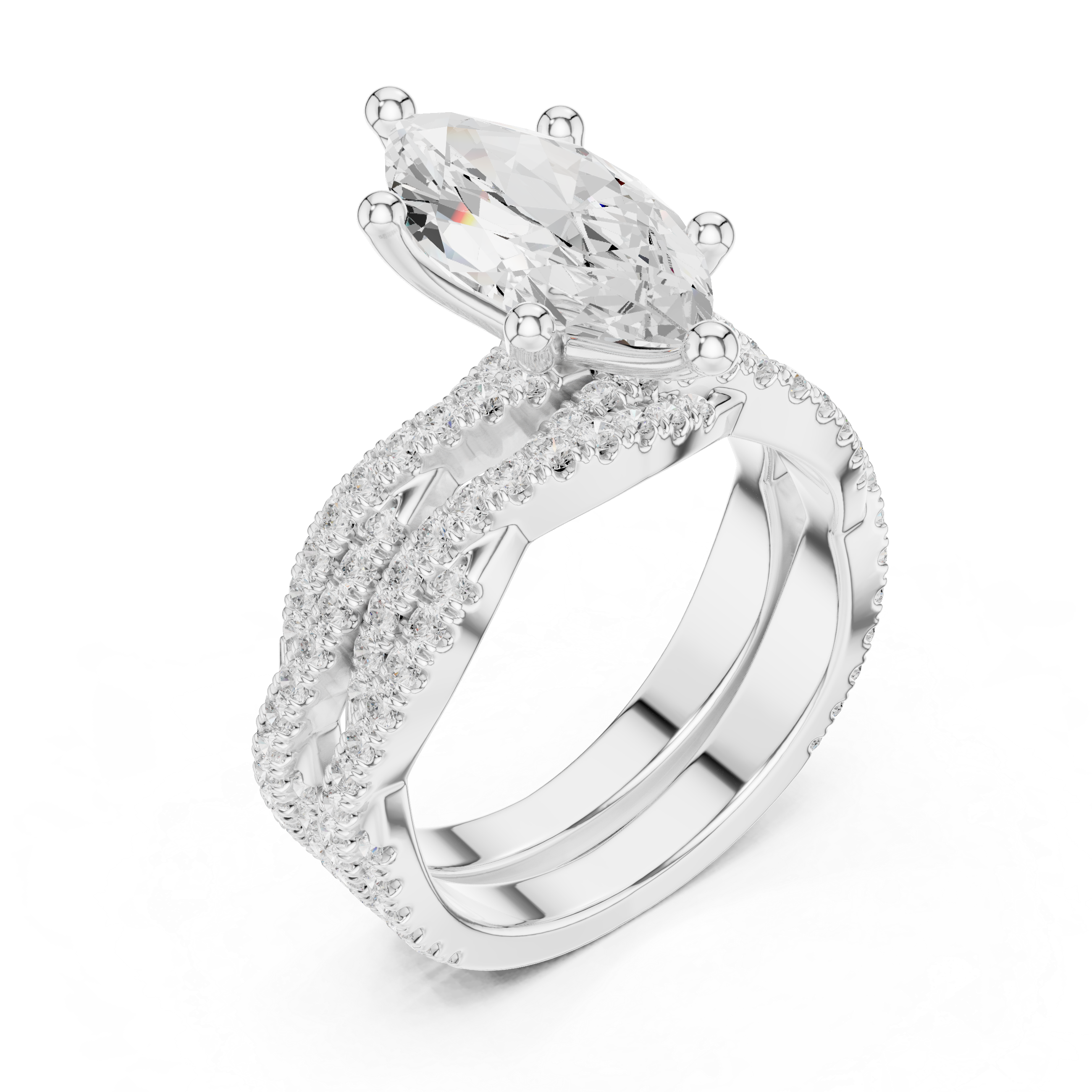 Marquise Cut Triple Row Pavé Split Shank Engagement Ring