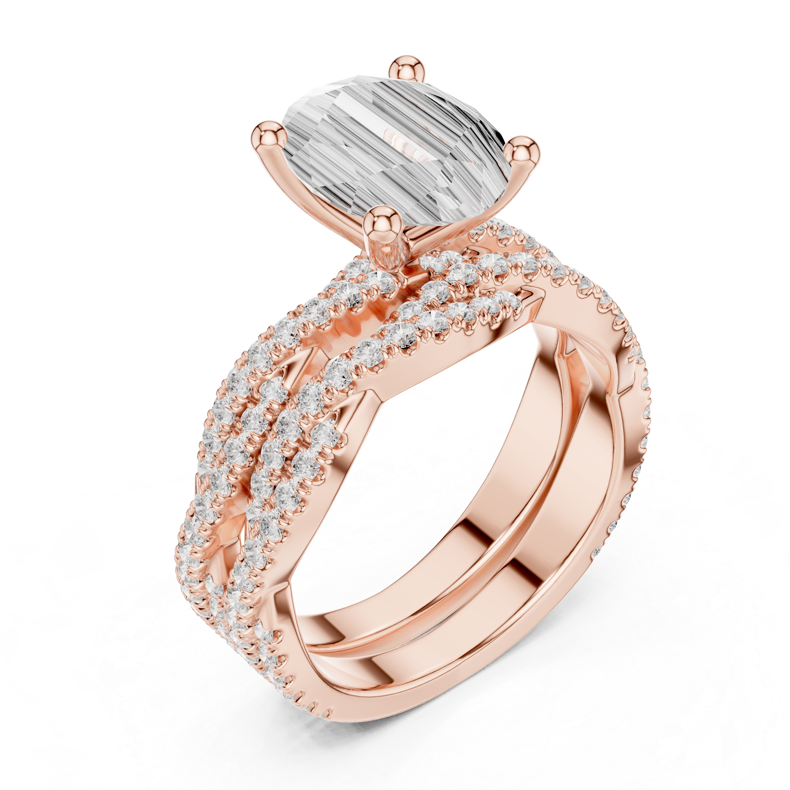 Oval Cut Triple Row Pavé Split Shank Engagement Ring
